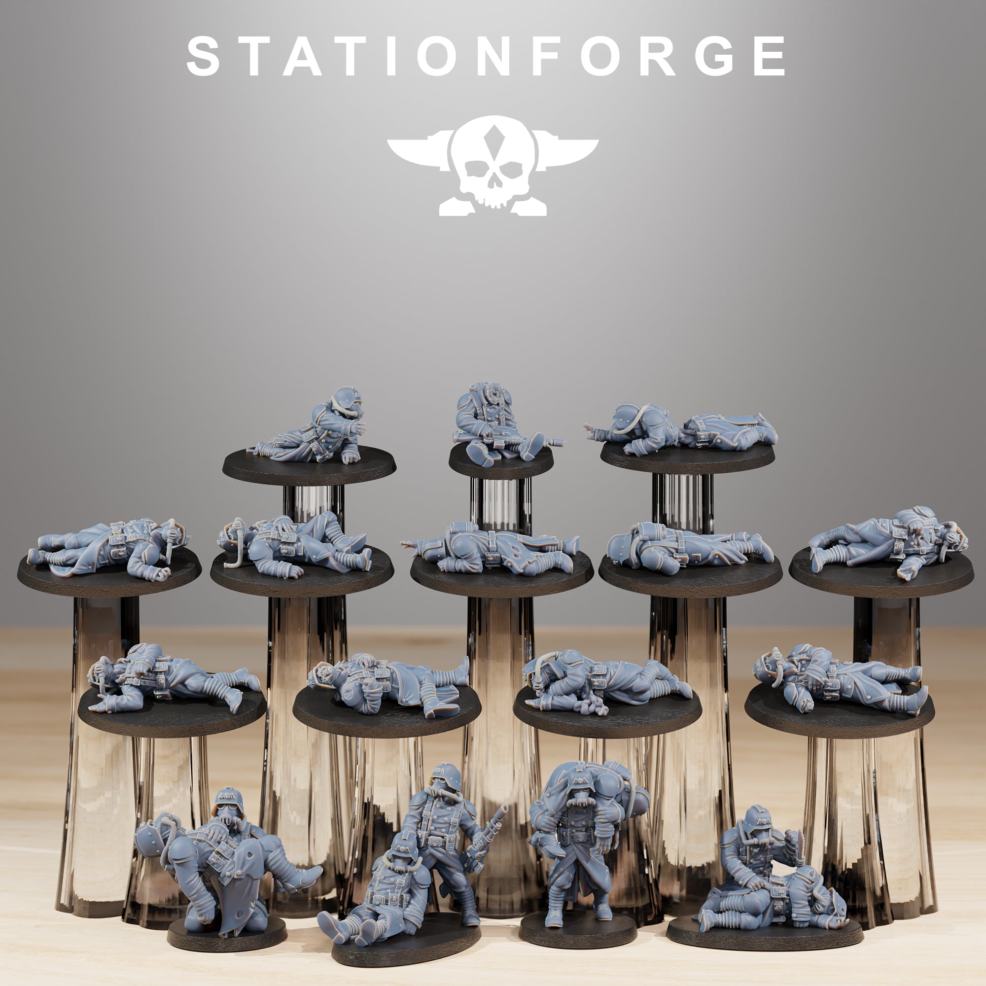 GrimGuard The Fallen resin casualty marker set by StationForge featuring multiple fallen trench soldiers, wounded poses, rescue scenes, gas masks, armor, and grimdark battlefield details.