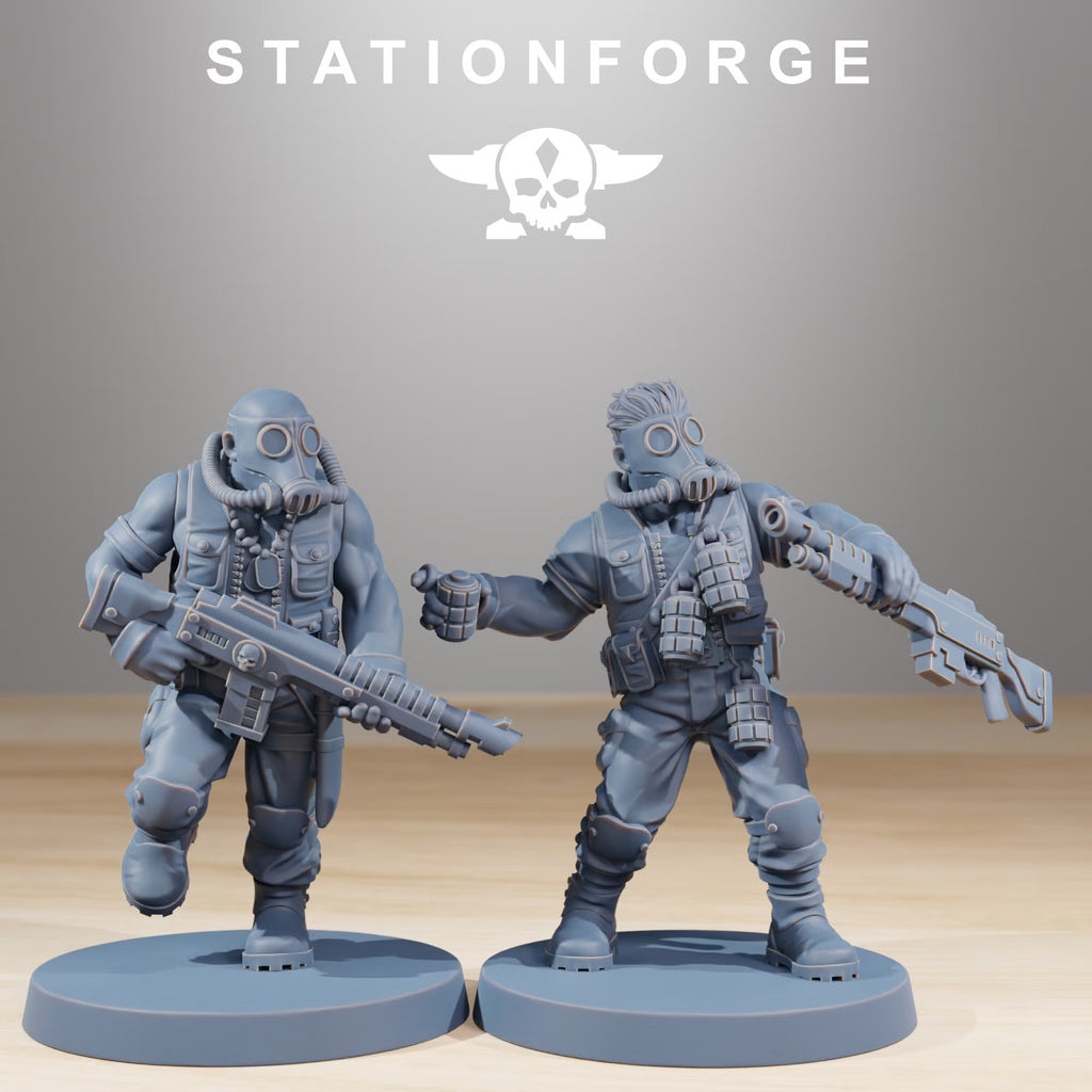 GrimGuard Jungle Fighters with gas masks and sci-fi weapons
