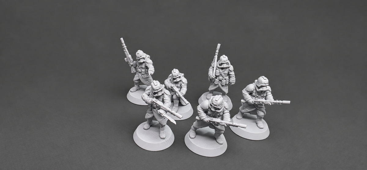 Six GrimGuard Infantry miniatures by StationForge with rifles, gas masks, long coats, and varied battlefield poses.