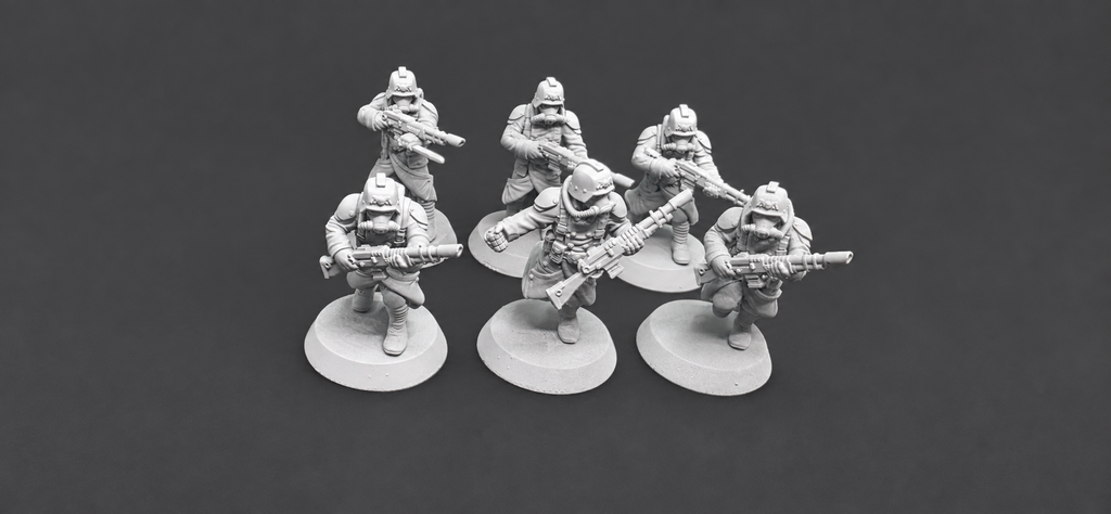 Six GrimGuard Infantry riflemen by StationForge in aiming, advancing, and combat-ready sci-fi infantry poses.