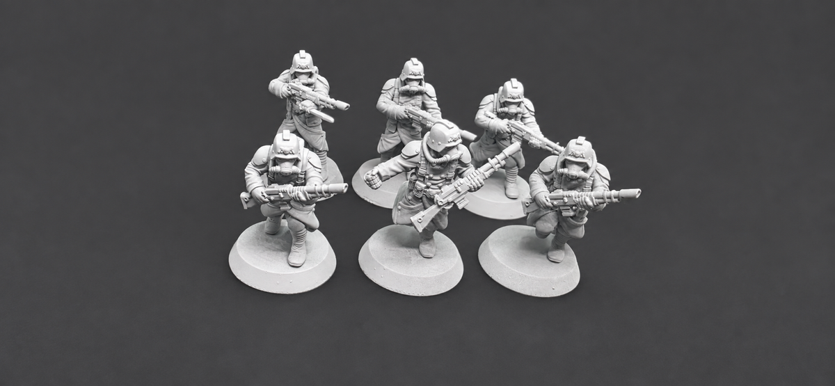 Six GrimGuard Infantry riflemen by StationForge in aiming, advancing, and combat-ready sci-fi infantry poses.