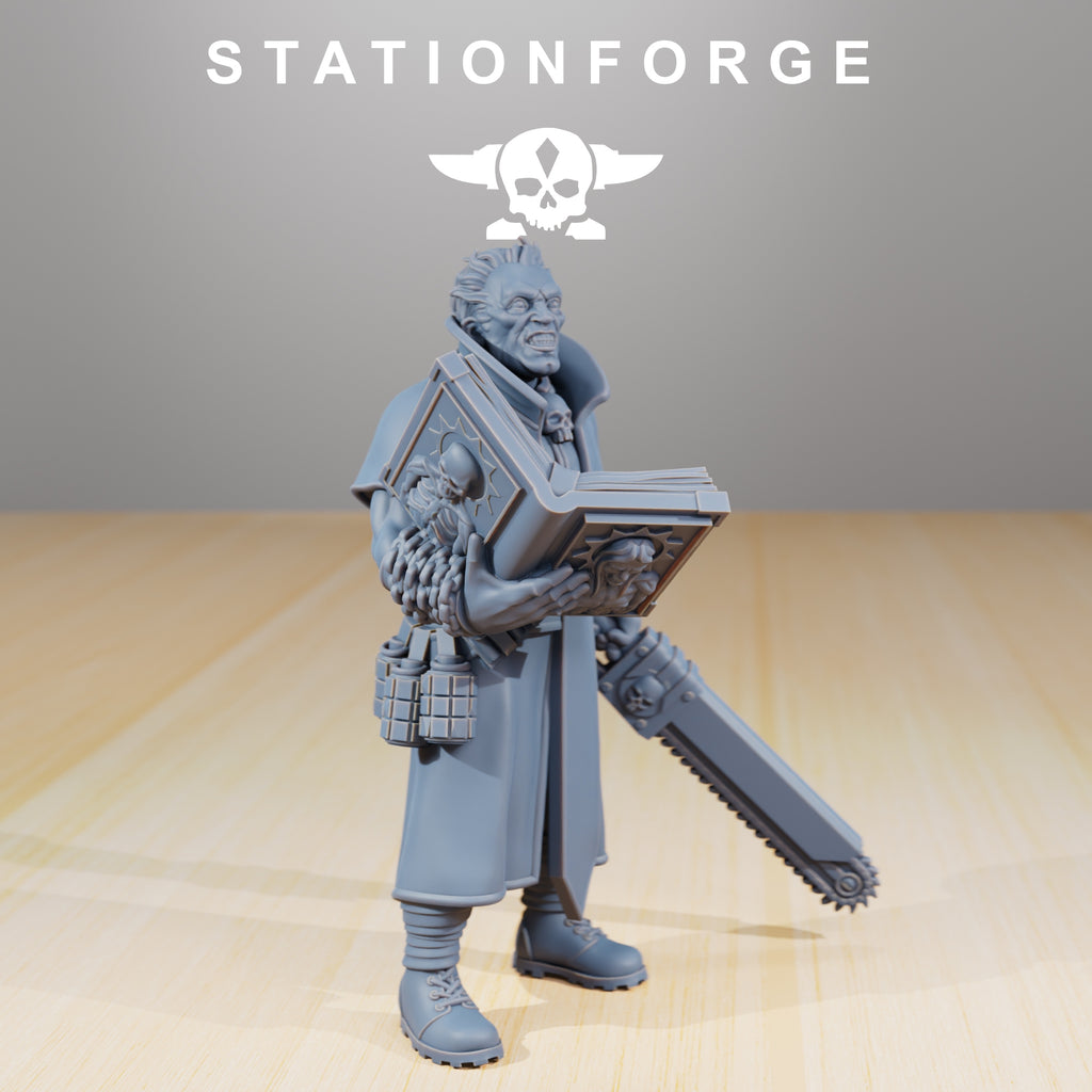 GrimGuard Priest resin miniature by StationForge with exposed head, long coat, open tome, skull details, and large chainblade weapon.
