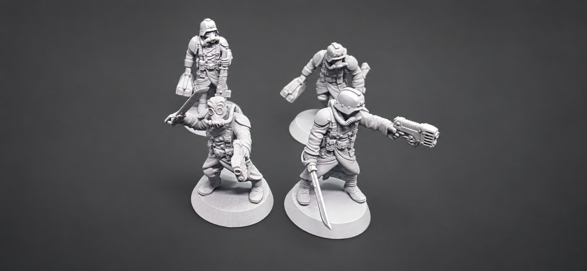 Four GrimGuard Infantry sergeant miniatures by StationForge with pistols, blades, gas masks, and command poses.