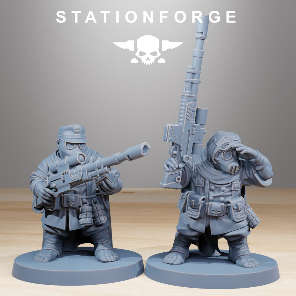 Two GrimGuard Skulldarts with long-range rifles and gas masks by StationForge