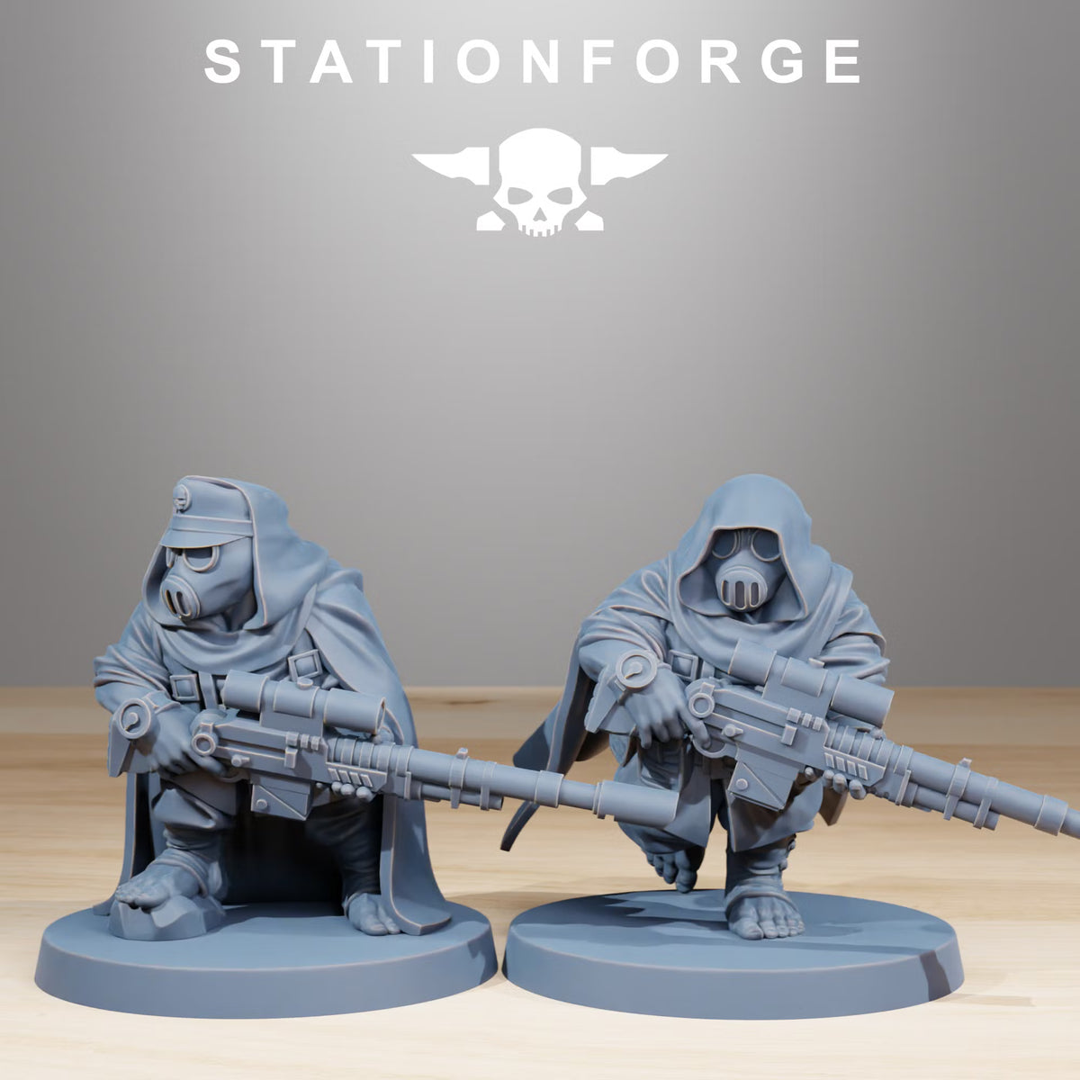 Two hooded GrimGuard Skulldart sharpshooters with scoped rifles