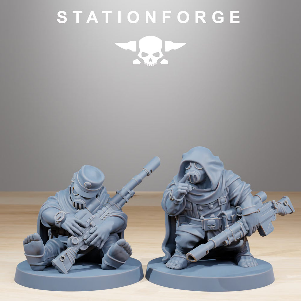 Seated and crouching GrimGuard Skulldarts with sci-fi rifles and gas masks