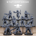 GrimGuard Steel Sisters resin miniature squad by StationForge featuring ten female sci-fi infantry models with trench coats, helmets, gas masks, rifles, pistols, blades, and heavy weapons.