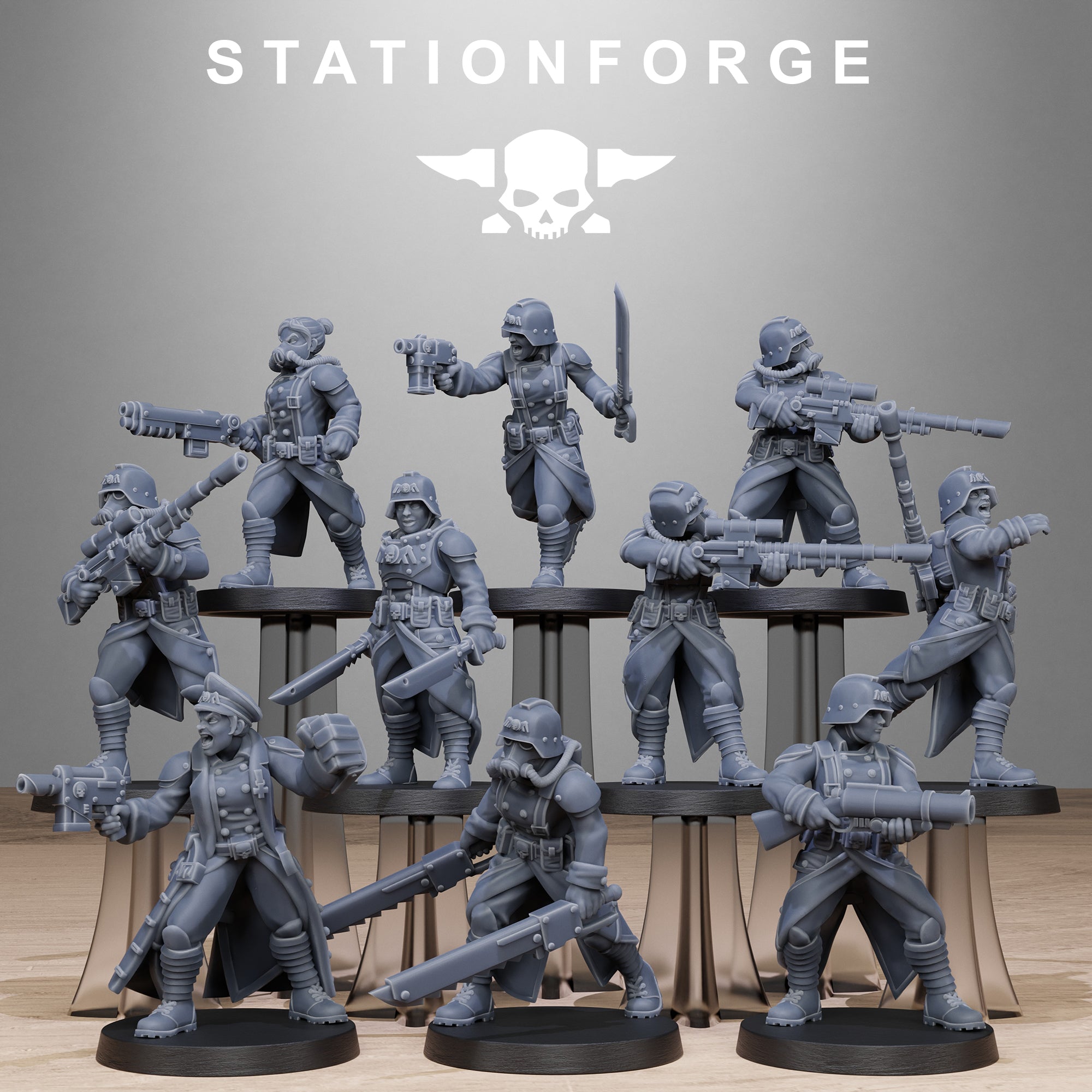 GrimGuard Steel Sisters resin miniature squad by StationForge featuring ten female sci-fi infantry models with trench coats, helmets, gas masks, rifles, pistols, blades, and heavy weapons.
