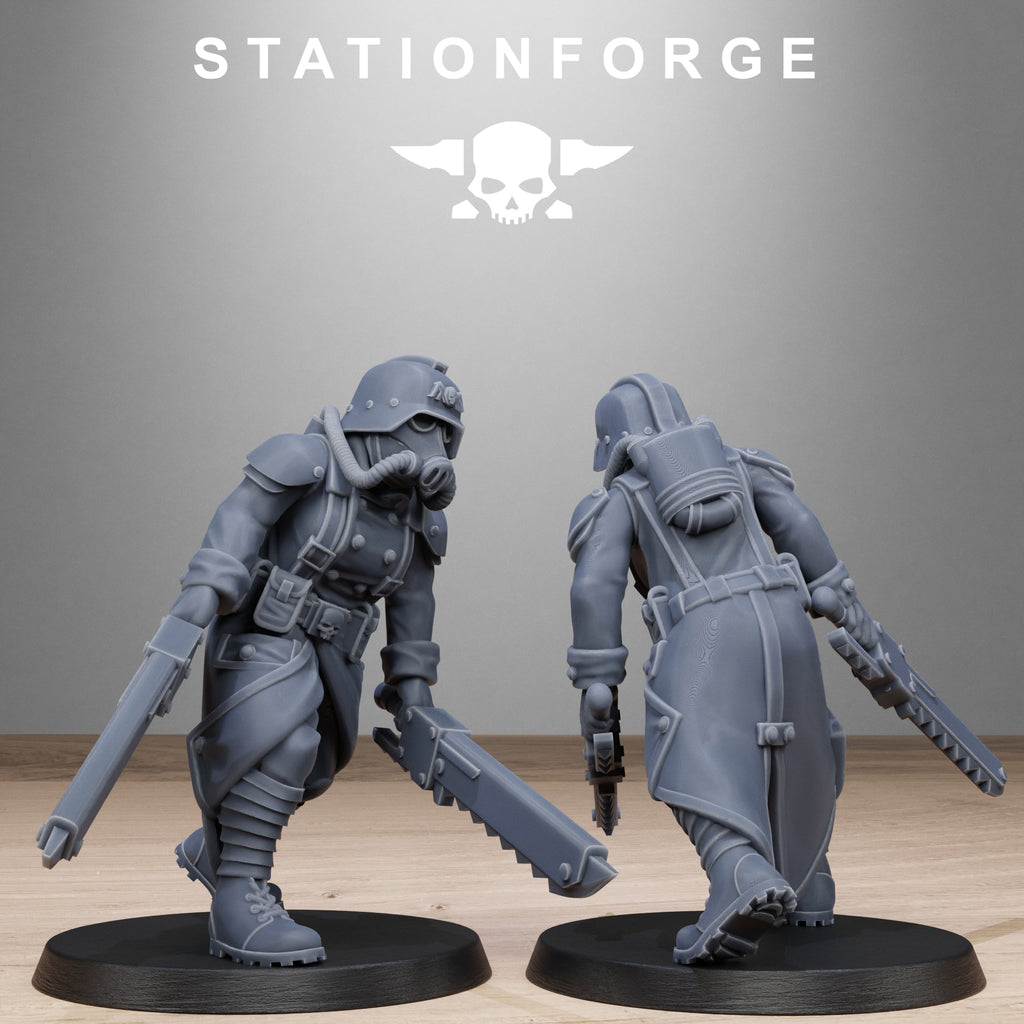 GrimGuard Steel Sister resin miniature shown from front and rear with gas mask, trench coat, backpack, armor, and weapons.
