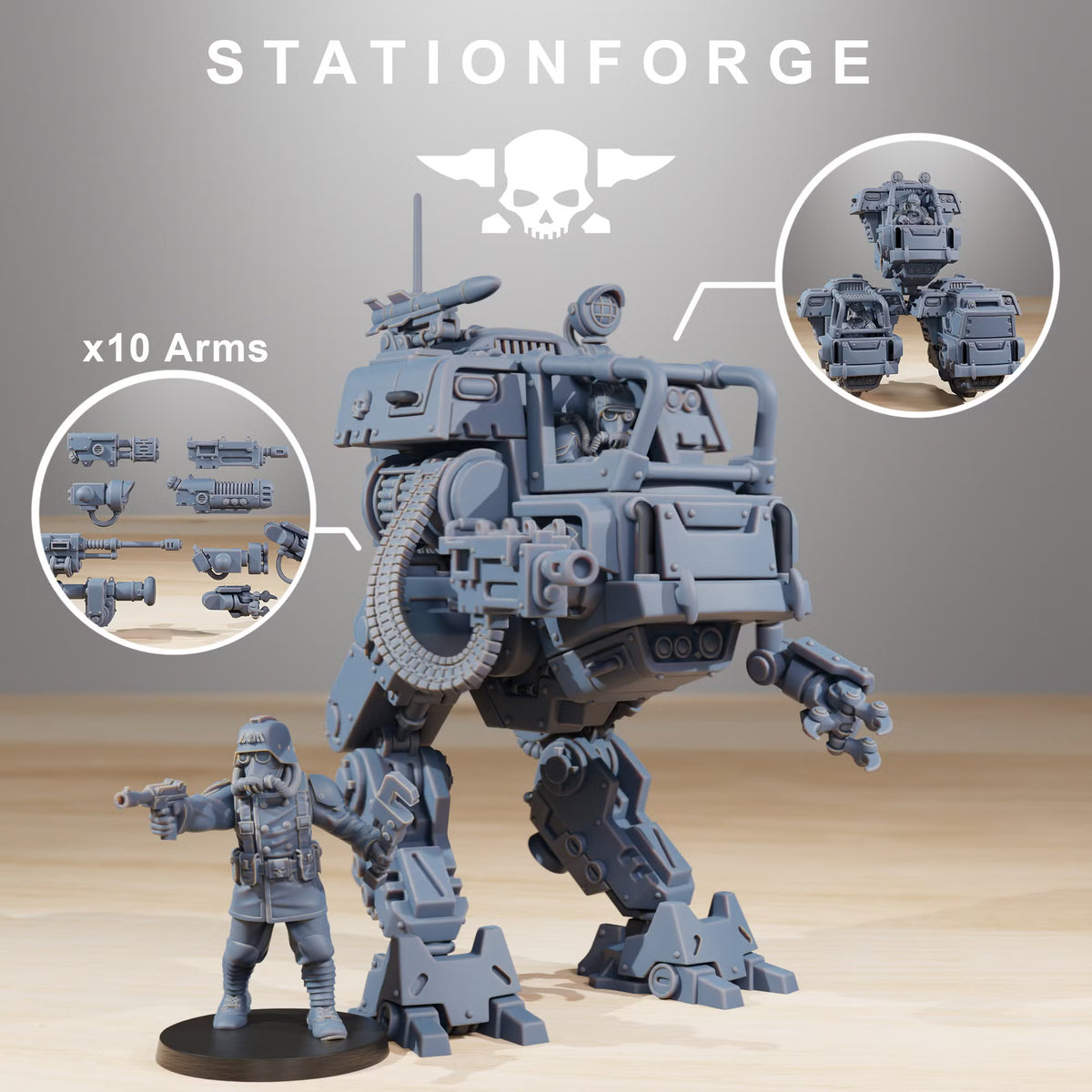 GrimGuard Walker Mk1 with weapon options and infantry scale reference