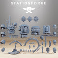 GrimGuard Bits1 resin conversion accessories by StationForge, including weapons, helmets, backpacks, crates, bottles, gear, and grimdark battlefield bits.