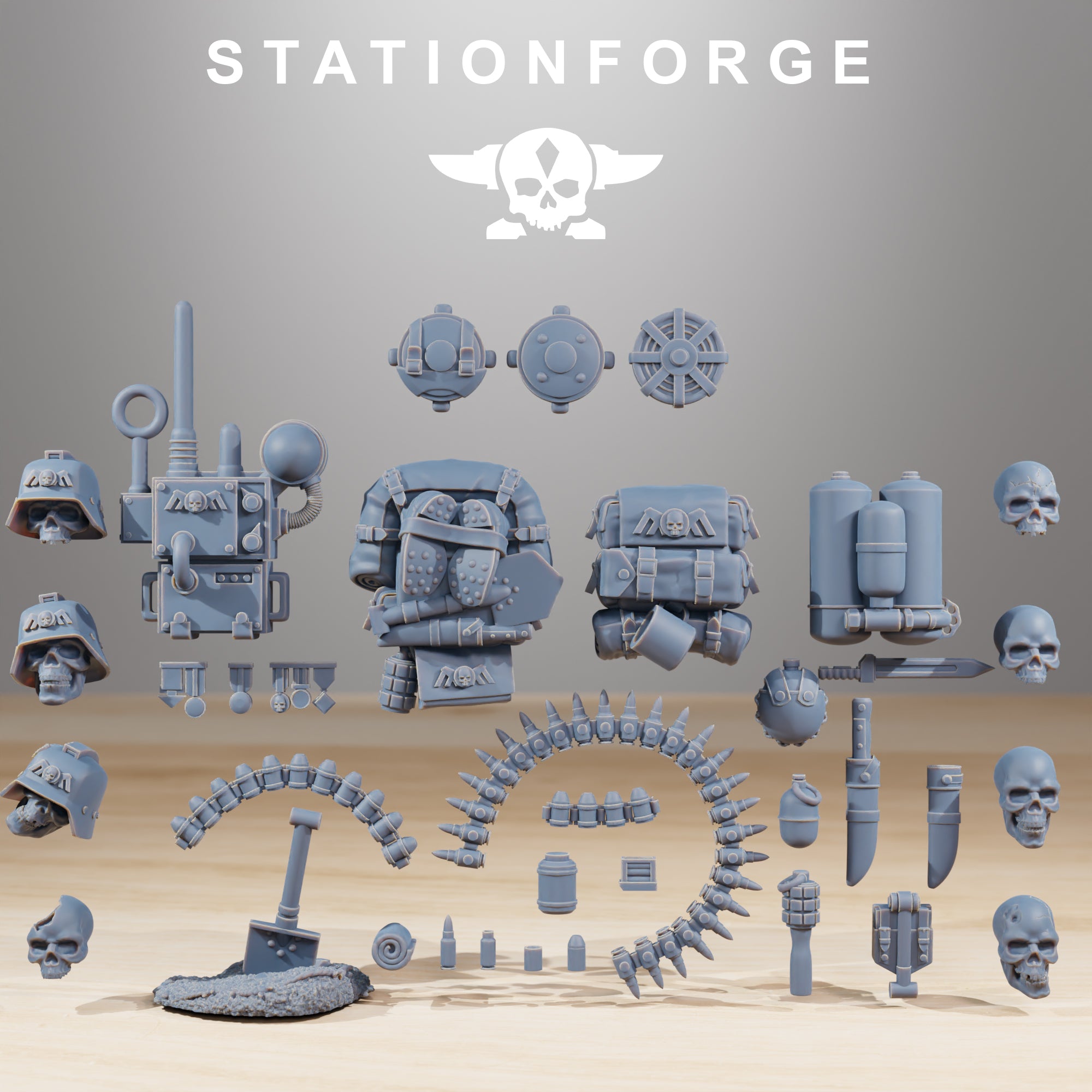 GrimGuard Bits1 resin conversion accessories by StationForge, including weapons, helmets, backpacks, crates, bottles, gear, and grimdark battlefield bits.