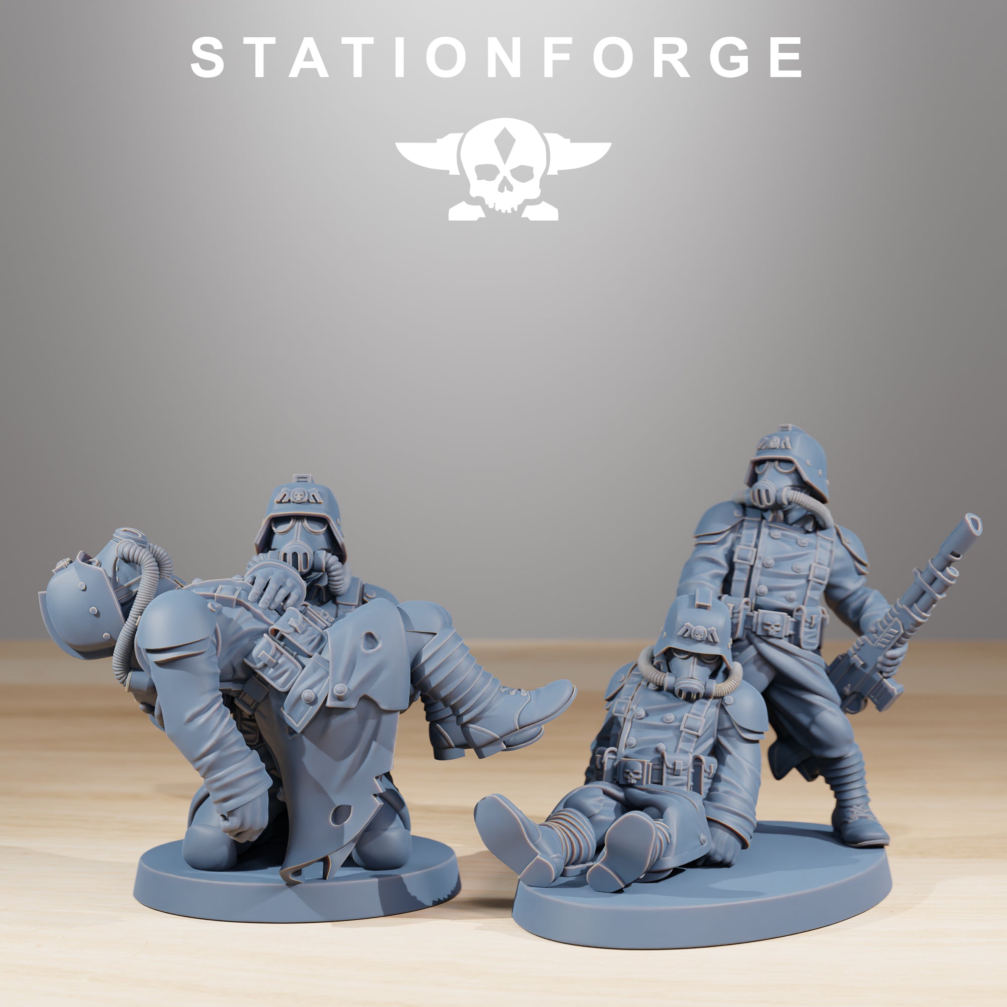 GrimGuard The Fallen resin scene by StationForge showing gas-masked trench soldiers carrying and tending to wounded soldiers.