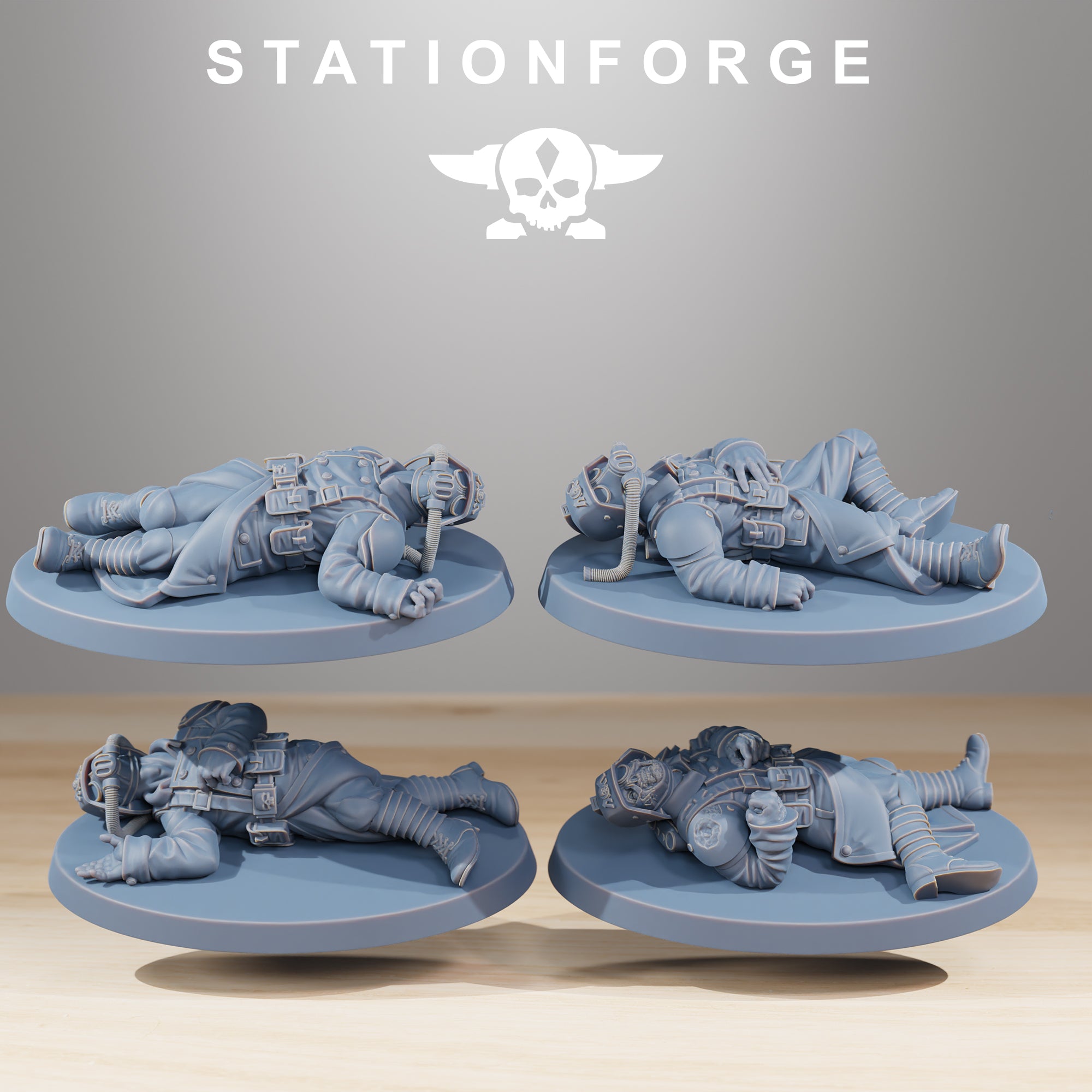 GrimGuard The Fallen resin miniatures featuring wounded trench soldiers, rescue poses, helmets, gas masks, coats, and battlefield gear.
