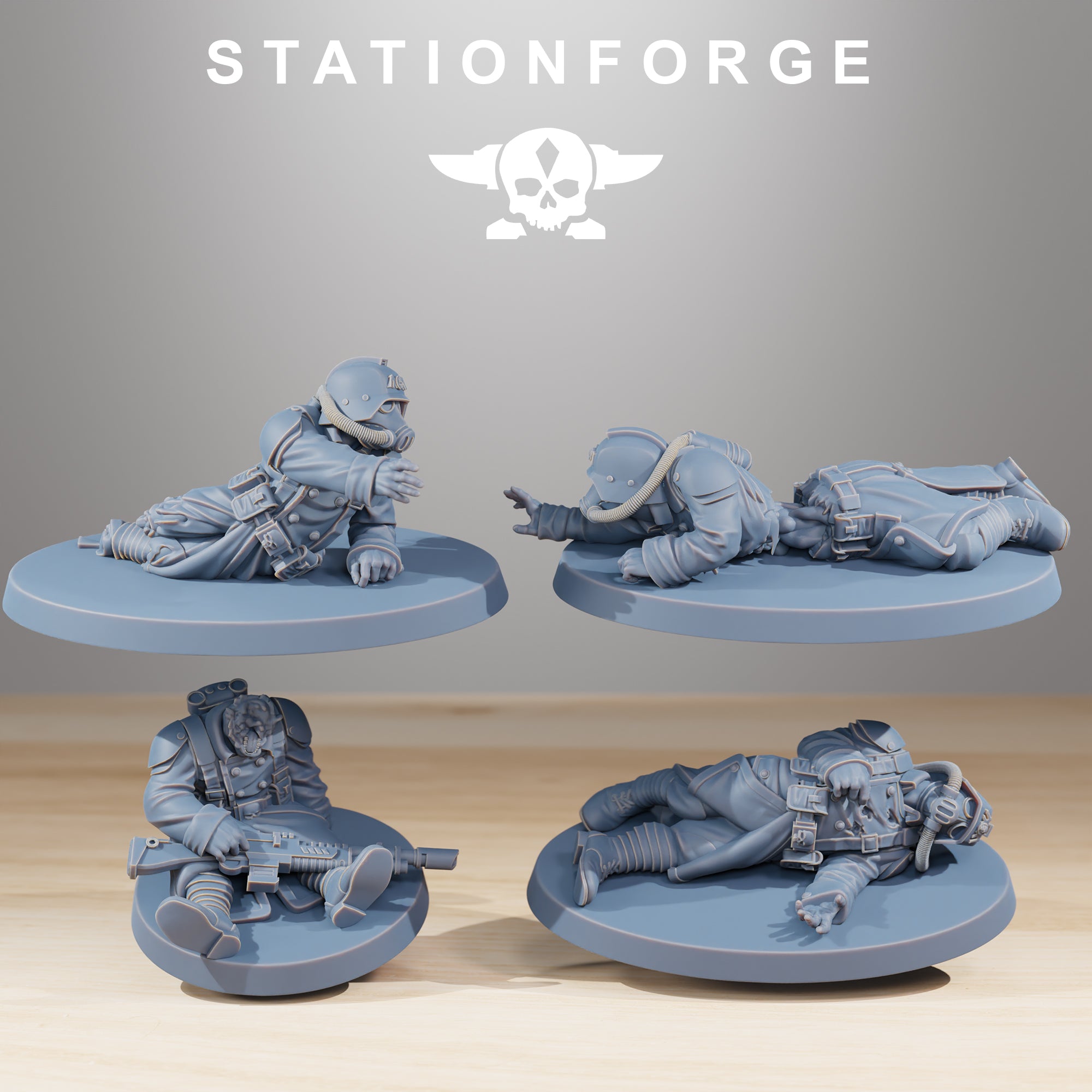 GrimGuard The Fallen resin miniatures showing four fallen sci-fi trench soldiers in different prone battlefield poses.