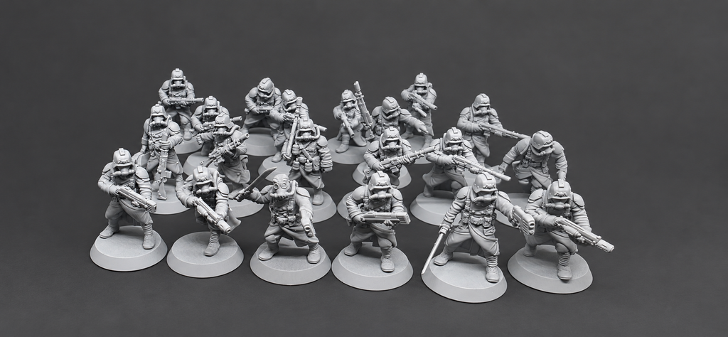Full set of 20 GrimGuard Infantry digitally preassembled miniatures by StationForge shown in varied sci-fi combat poses.