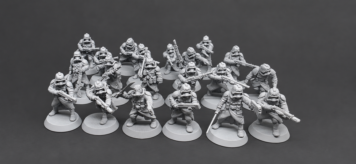 Full set of 20 GrimGuard Infantry digitally preassembled miniatures by StationForge shown in varied sci-fi combat poses.