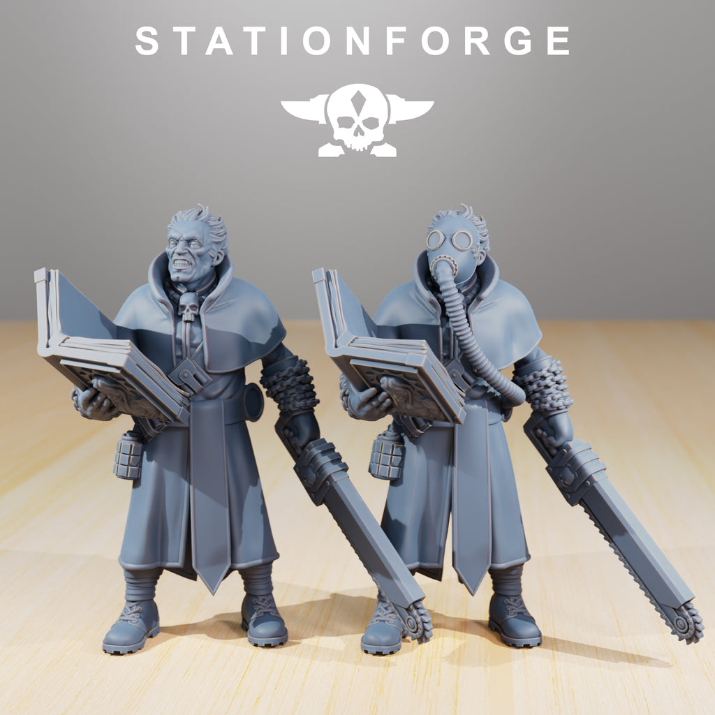 GrimGuard Priest resin miniature by StationForge shown with bare head and gas mask head variants, holding an open book and chainblade weapon.