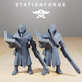 GrimGuard Priest resin miniature by StationForge shown with bare head and gas mask head variants, holding an open book and chainblade weapon.