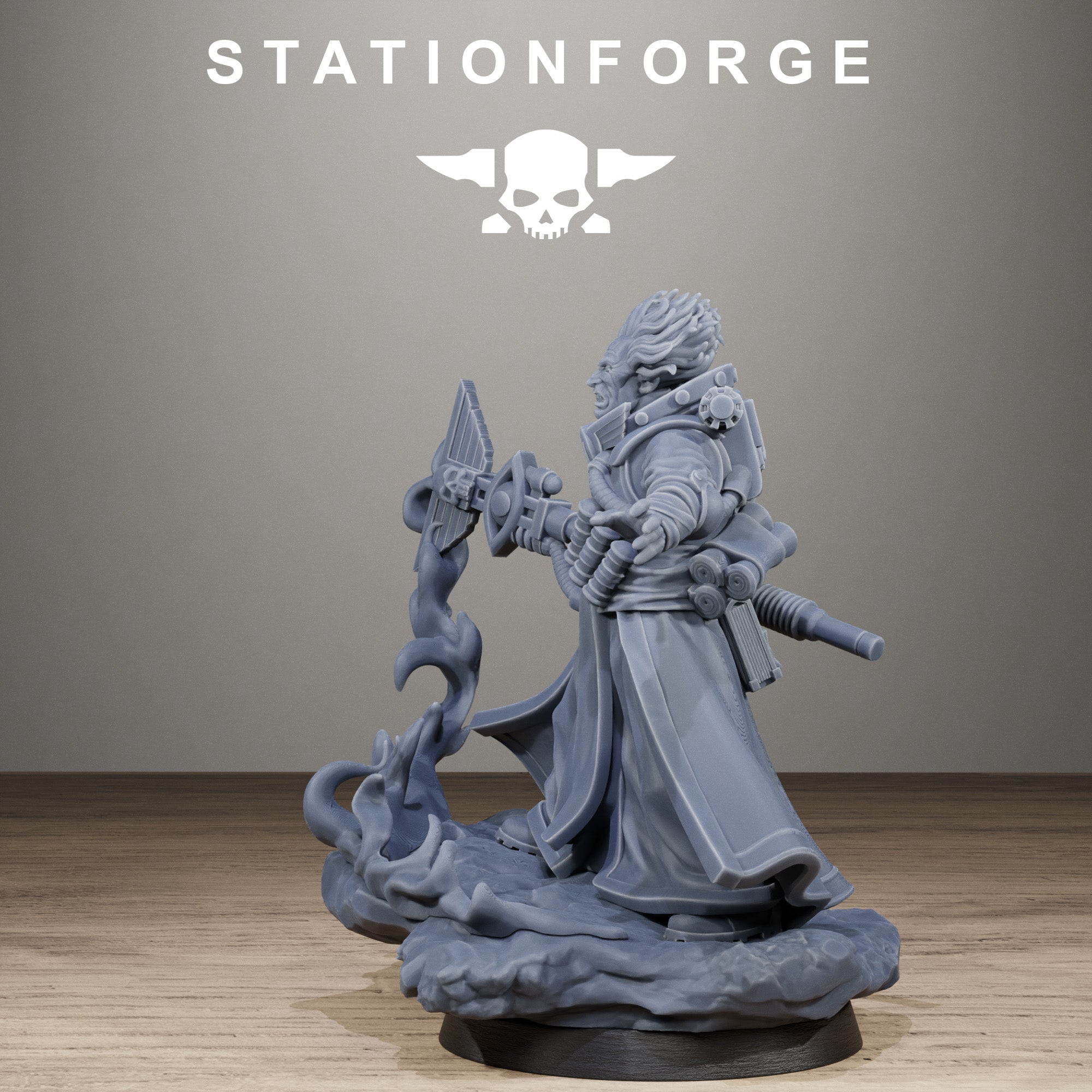 Alternate side view of GrimCorp Seer miniature with detailed robes, sci-fi gear, and flame-style staff effect.