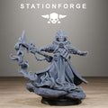 Front view of GrimCorp Seer Station Forge character miniature with wild hair, outstretched arms, staff, and dramatic scenic base.
