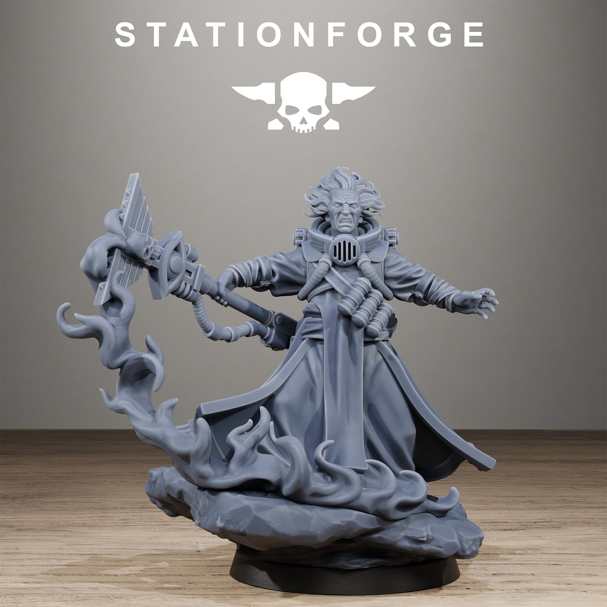 Front view of GrimCorp Seer Station Forge character miniature with wild hair, outstretched arms, staff, and dramatic scenic base.