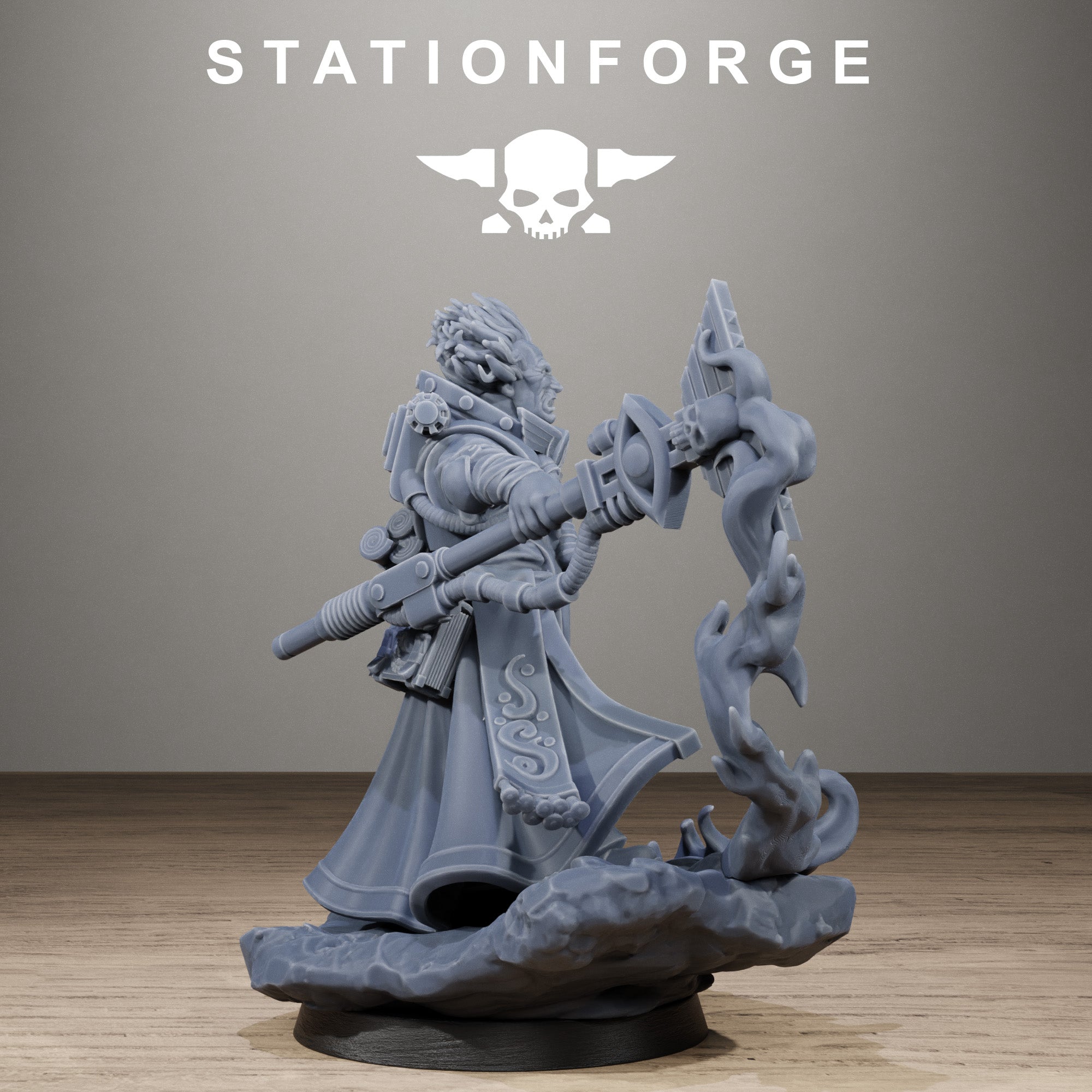 Side view of GrimCorp Seer miniature holding a large arcane staff with swirling energy effect on a rocky scenic base.