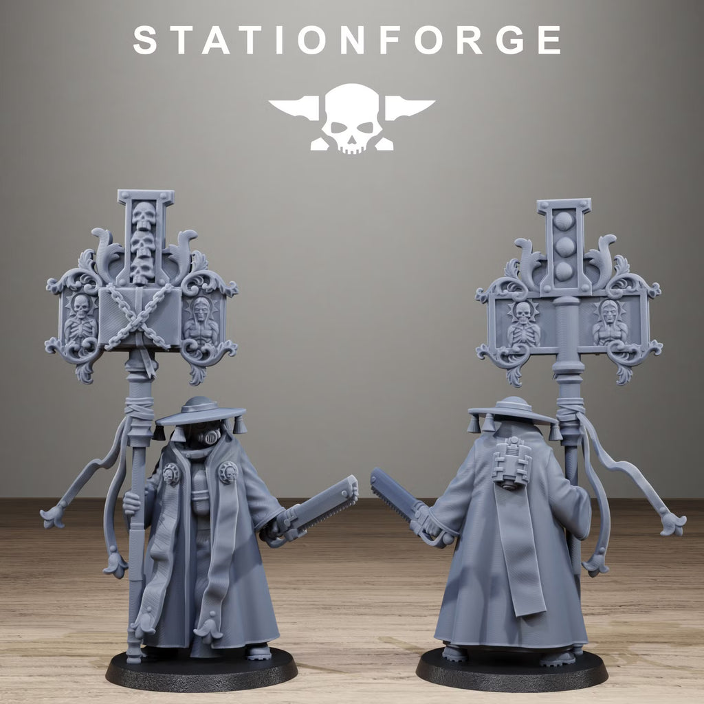 GrimCorp Stragglers banner-bearing leader miniature by Station Forge, front and rear views