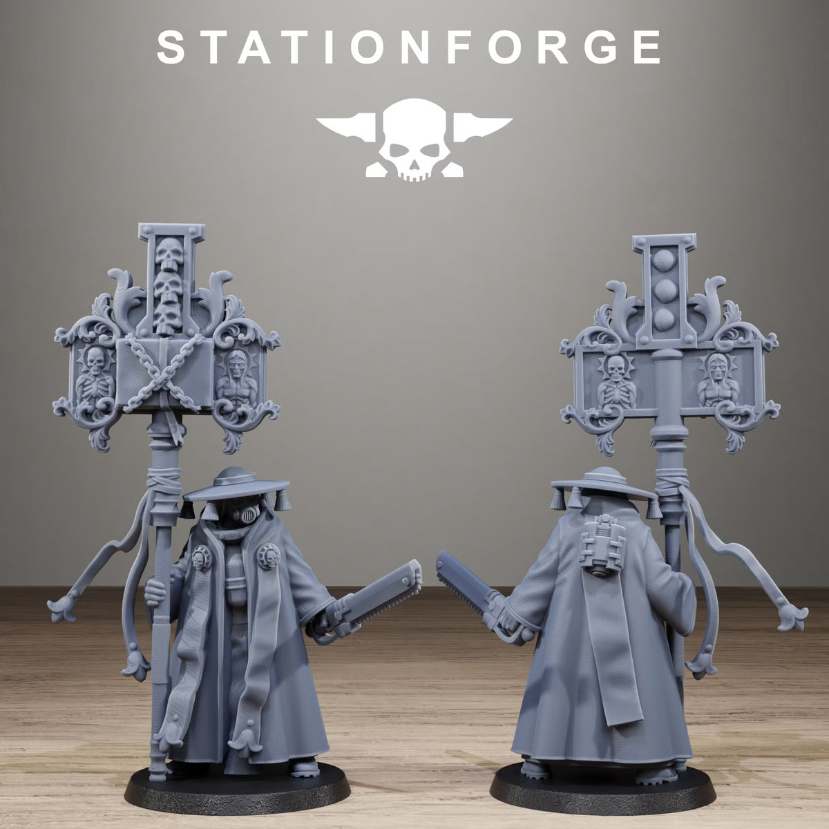 GrimCorp Stragglers banner-bearing leader miniature by Station Forge, front and rear views
