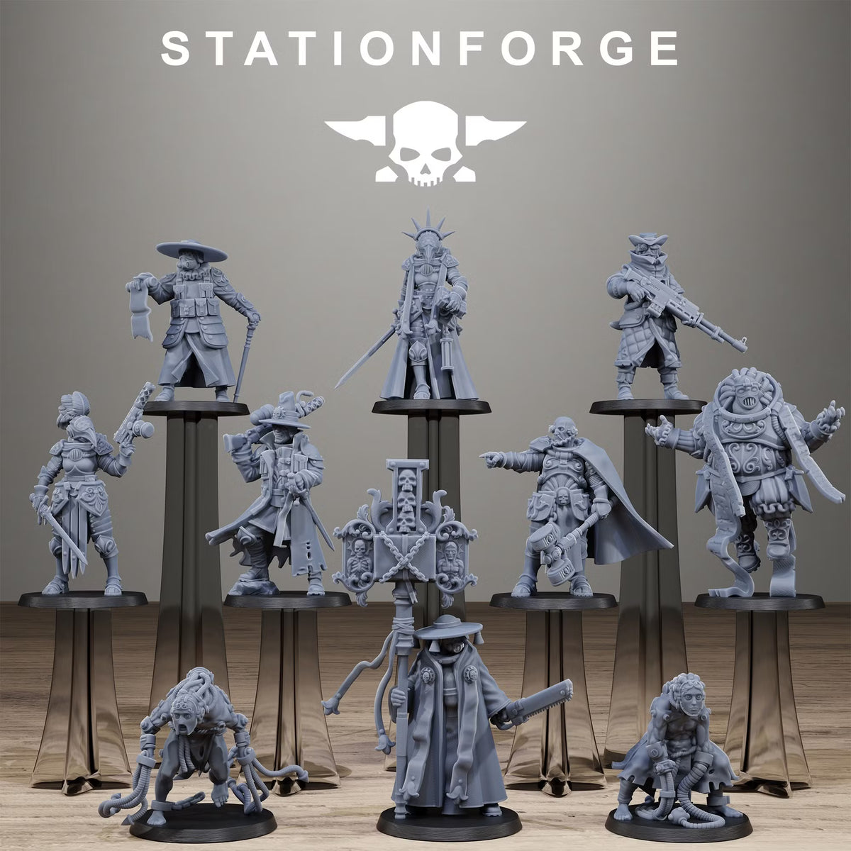 GrimCorp Stragglers by Station Forge, complete set of 10 distinct sci-fi gang miniatures