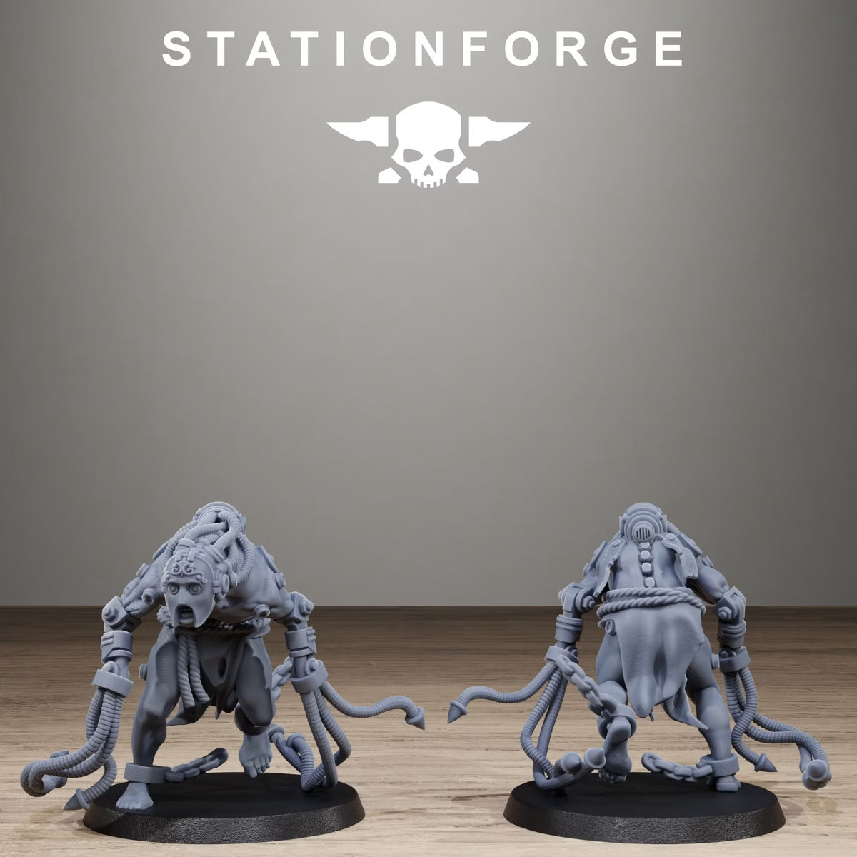 Front and rear view of a single GrimCorp Stragglers sci-fi gang miniature with unusual headgear and equipment