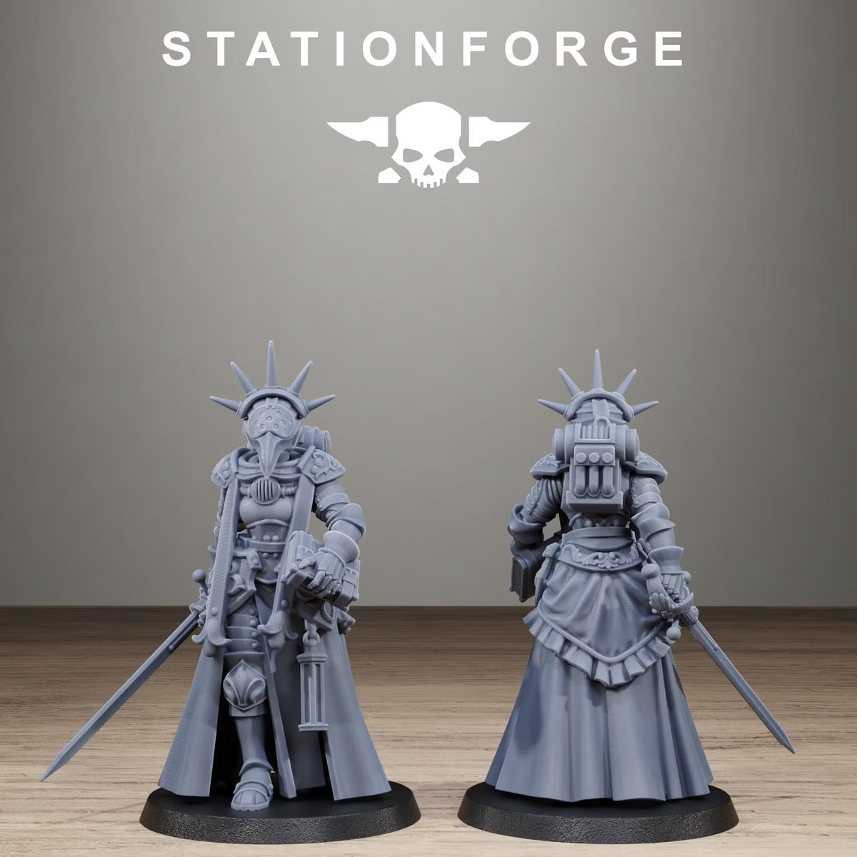 Front and rear view of robed GrimCorp Straggler character miniature by Station Forge