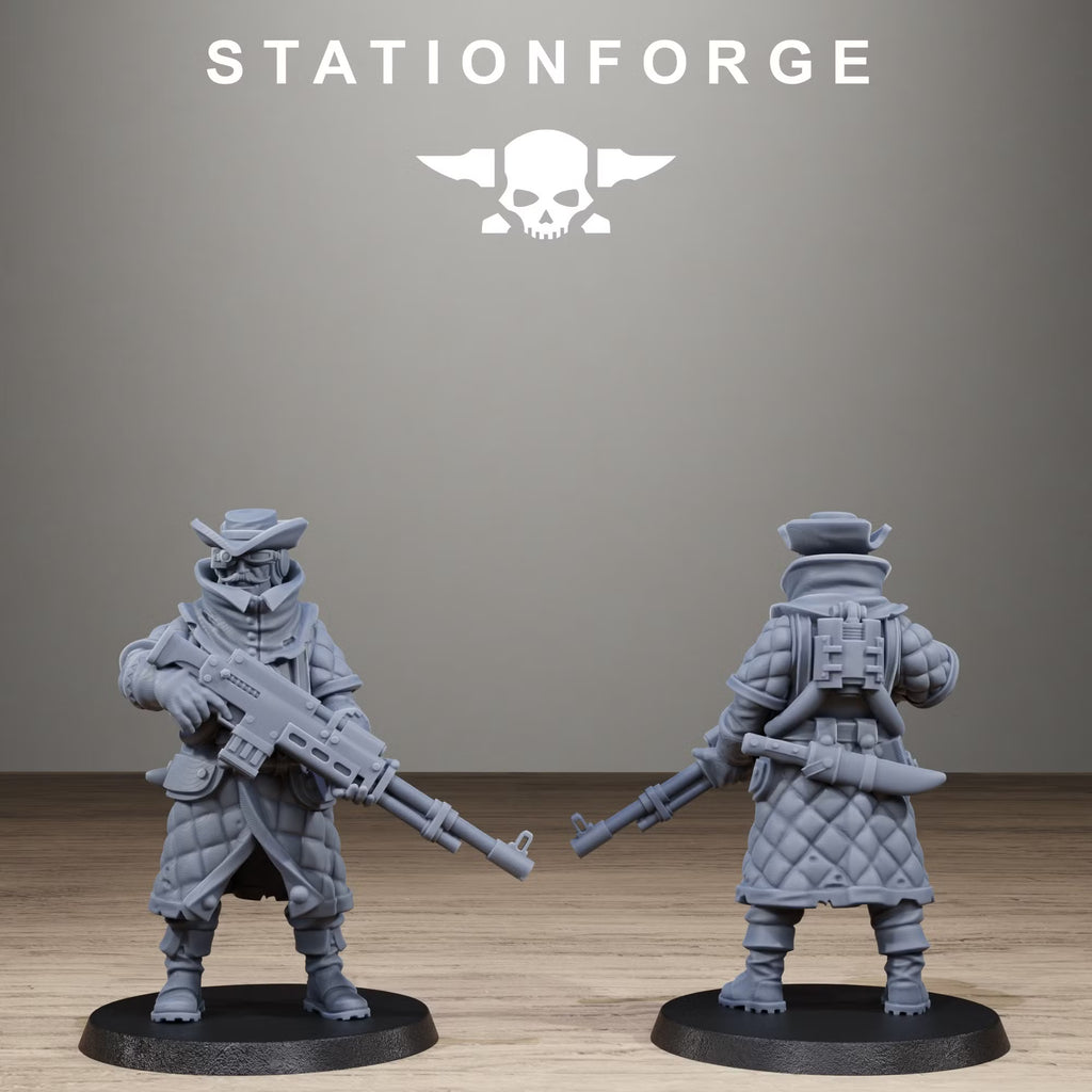 Armed GrimCorp Straggler miniature by Station Forge, front and rear views