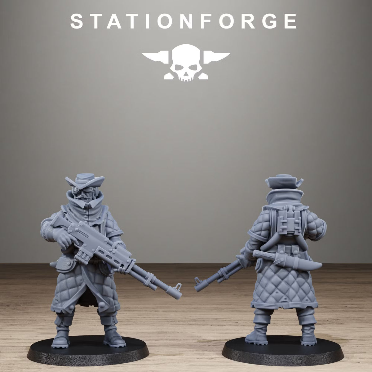 Armed GrimCorp Straggler miniature by Station Forge, front and rear views