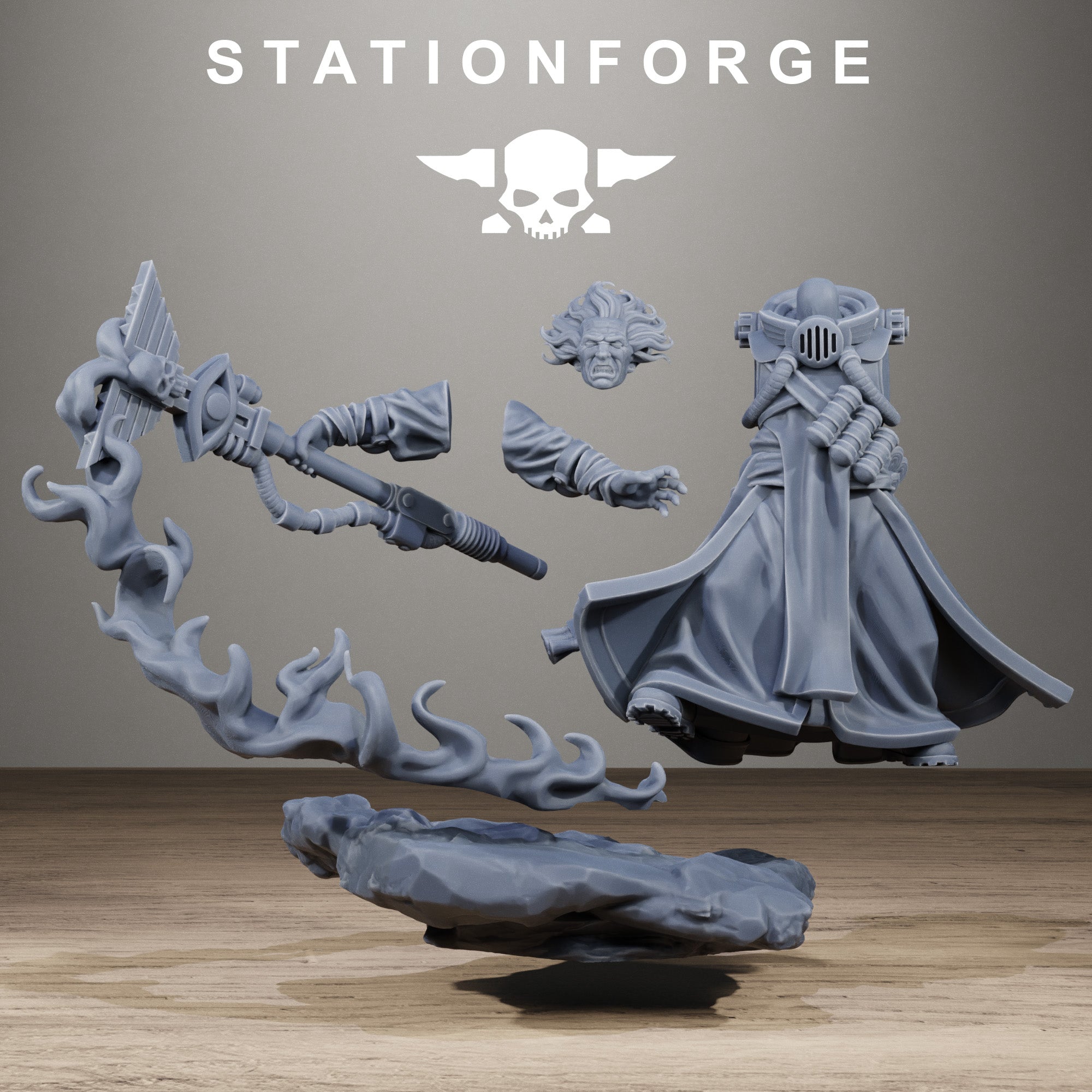 GrimCorp Seer sci-fi psychic commander miniature shown in modular resin parts with staff, robes, head, arms, and scenic flame base.