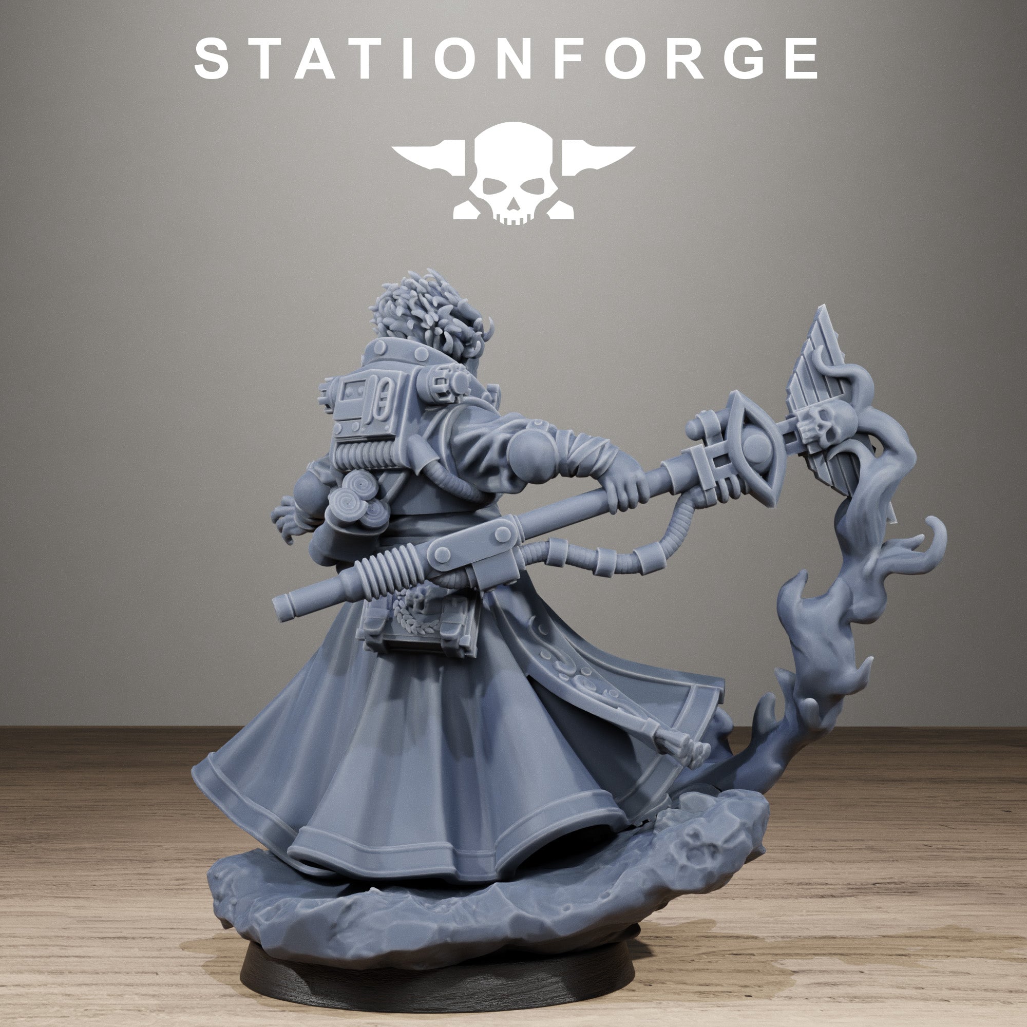 Rear view of GrimCorp Seer resin miniature showing flowing robes, backpack details, cables, and staff across the back.