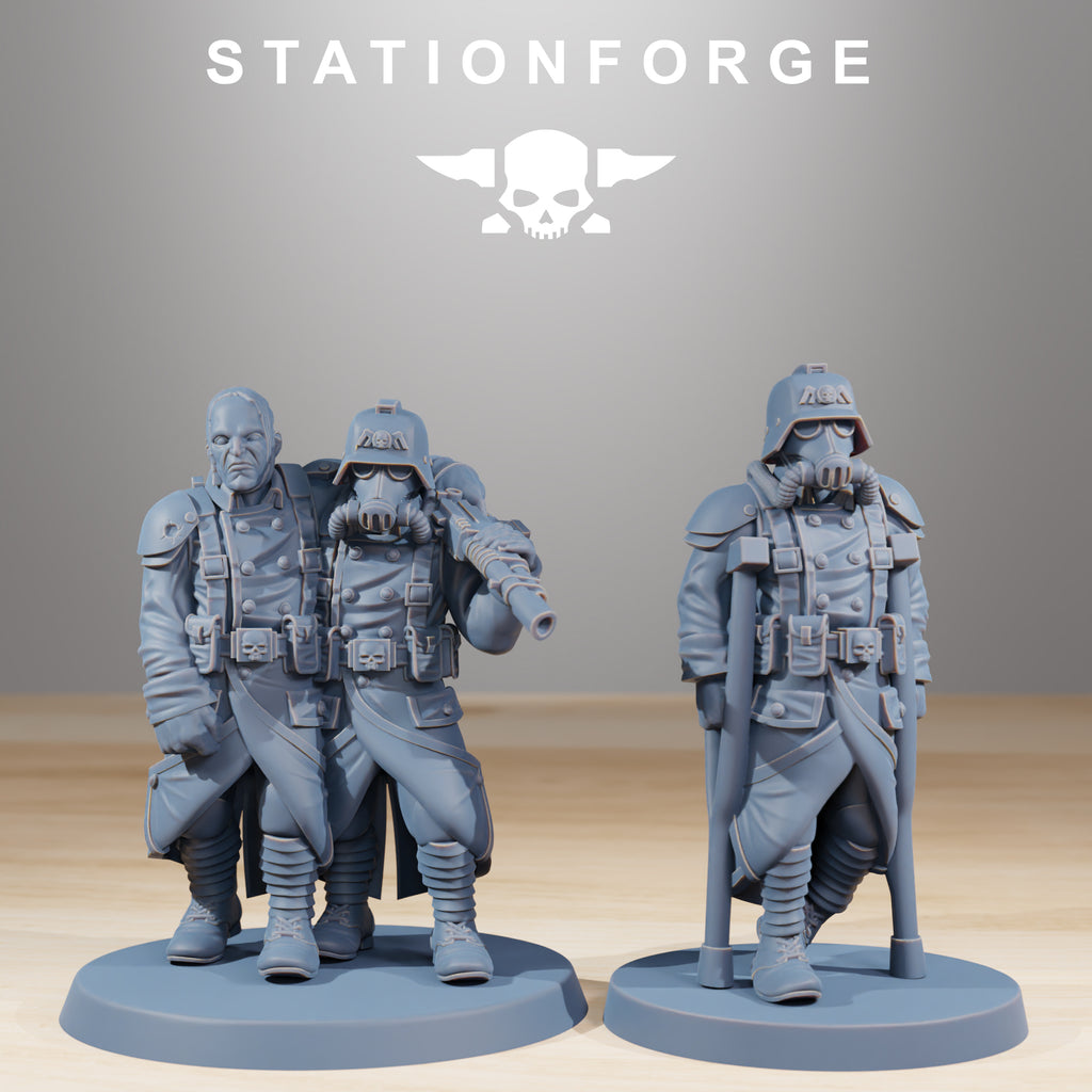 GrimGuard Casualties resin miniatures showing a grimdark trench character with weapon, mask, robes, and battlefield rescue detail.