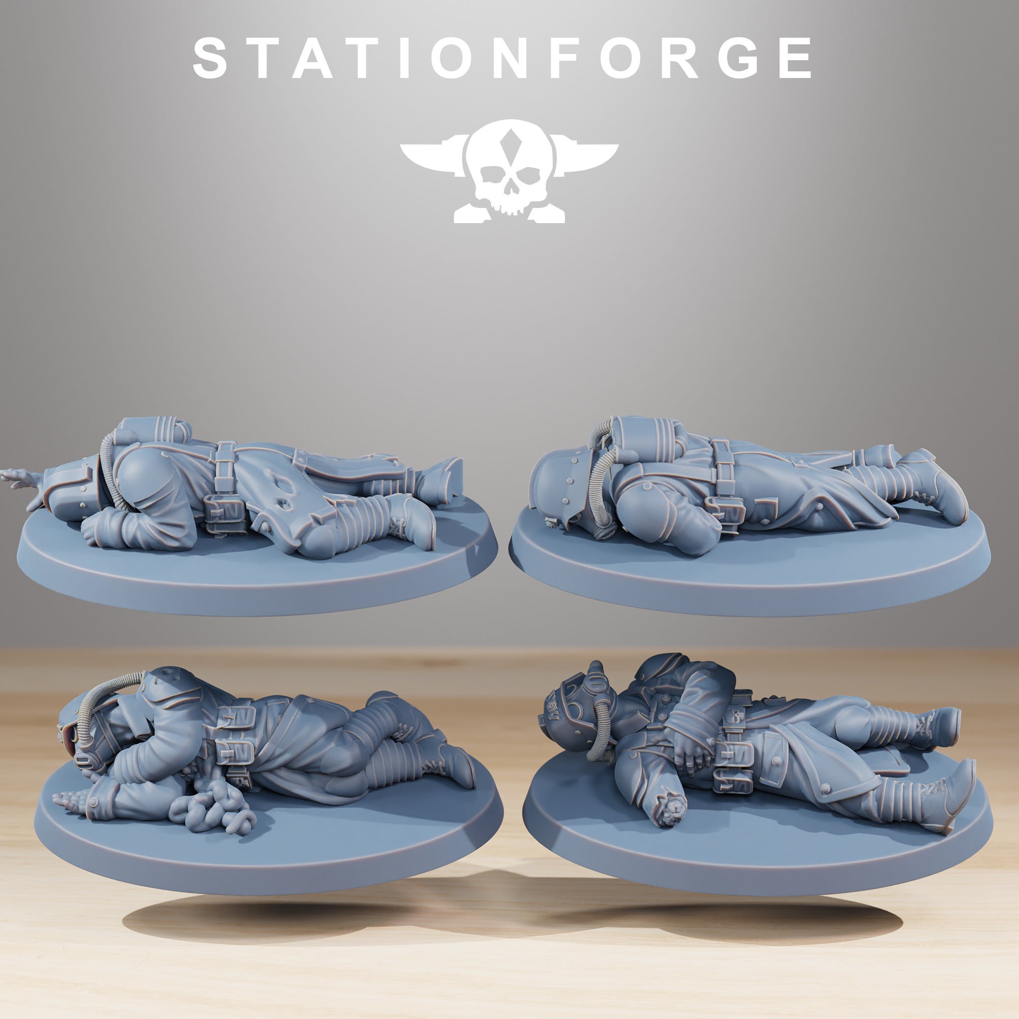 Four GrimGuard The Fallen resin casualty markers by StationForge showing prone and wounded trench soldiers on round bases.