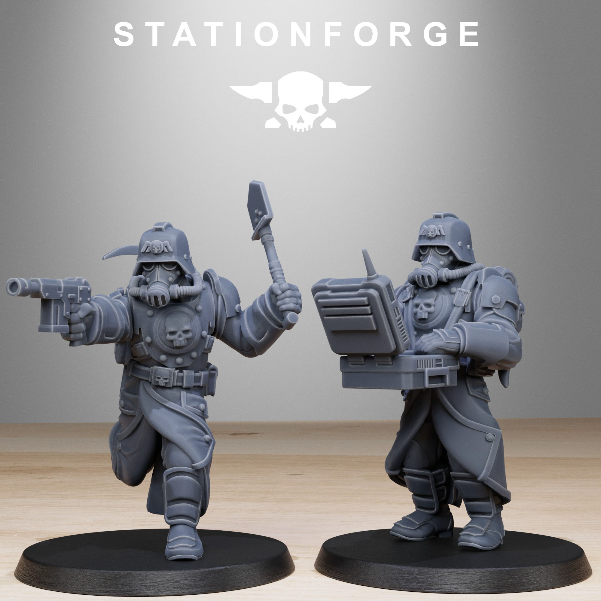 Grimguard Bombardiers specialist miniatures with gas masks, shovel tool, tactical gear, and portable equipment.