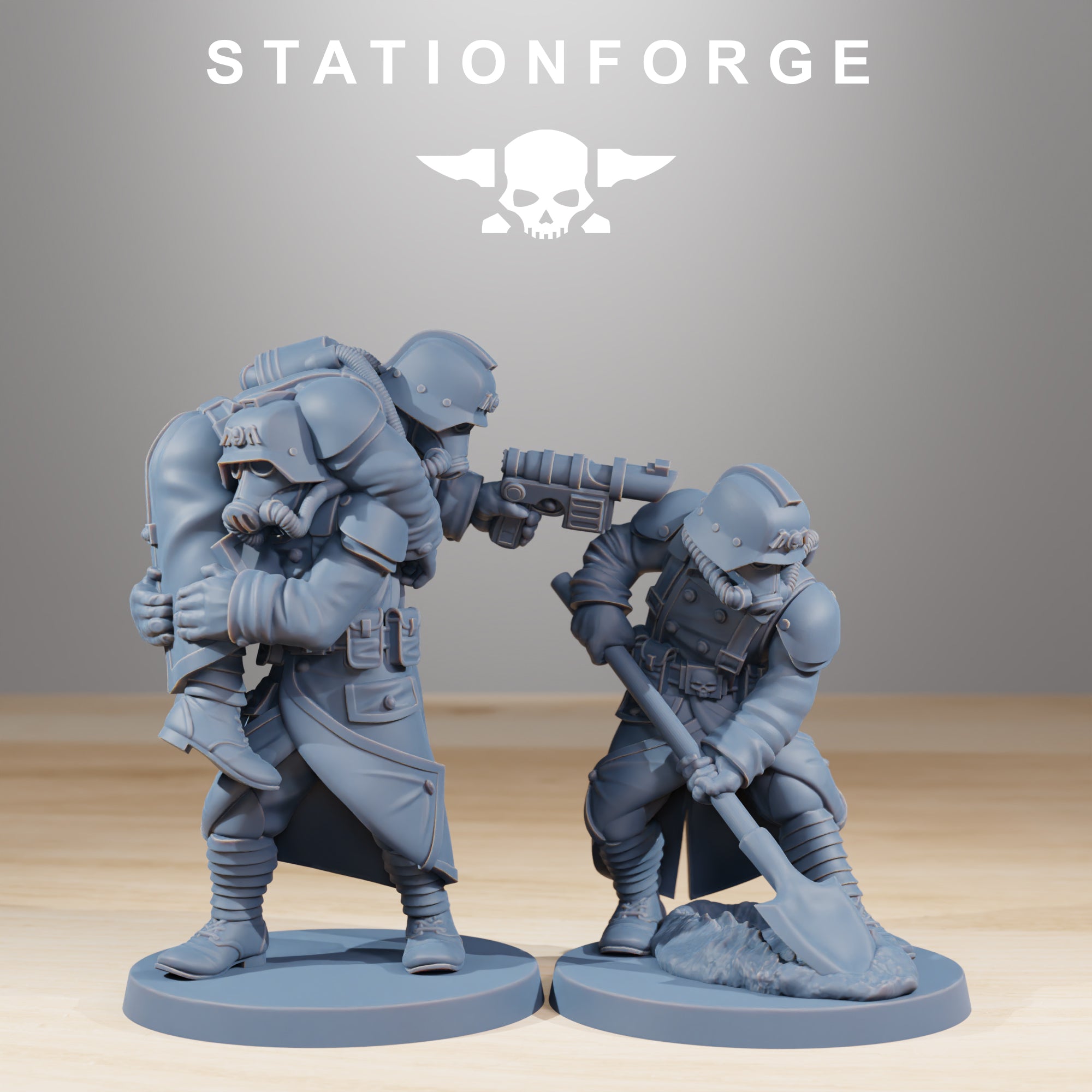 GrimGuard Casualties resin miniatures showing a trench soldier digging with a shovel beside a wounded or resting soldier.