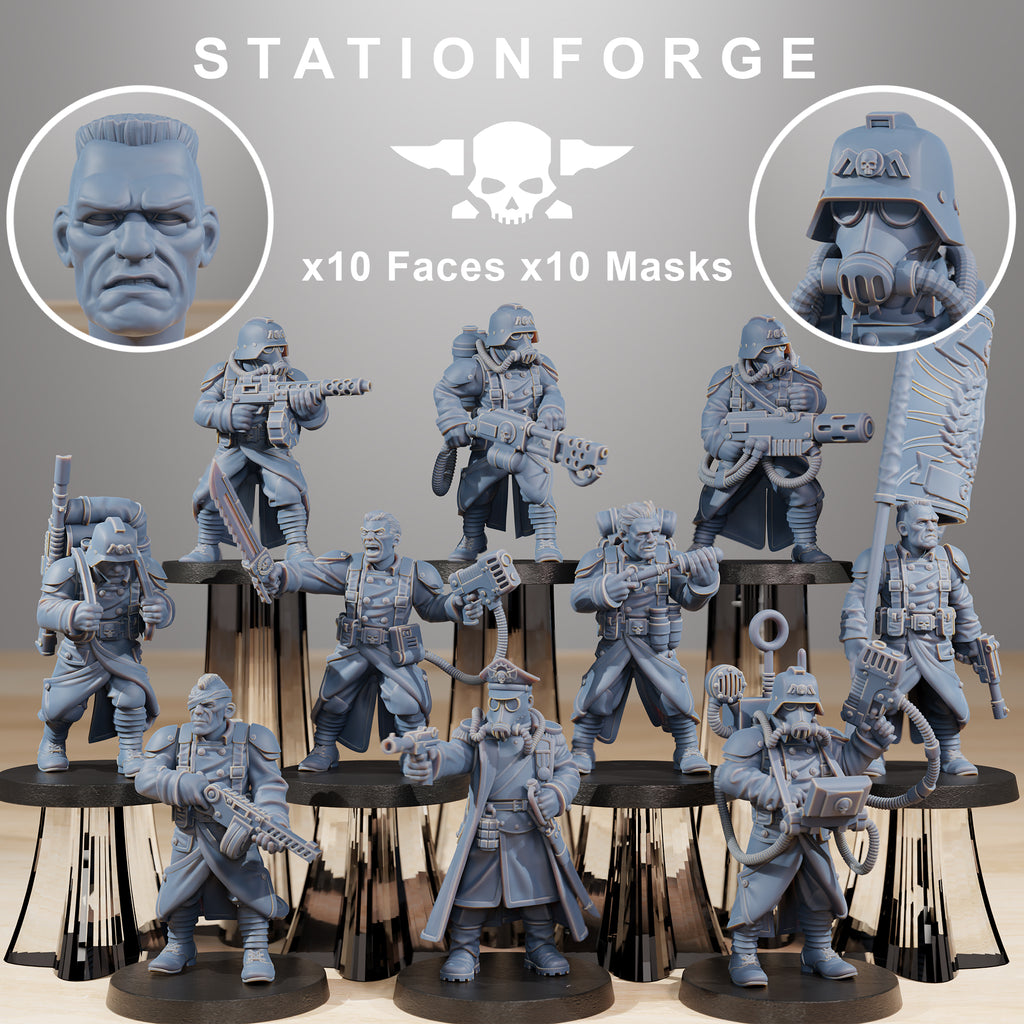 Grimguard Combatants modular sci-fi infantry squad by Station Forge with rifles, masks, bare heads, banners, and grim military gear.