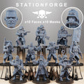 Grimguard Combatants modular sci-fi infantry squad by Station Forge with rifles, masks, bare heads, banners, and grim military gear.