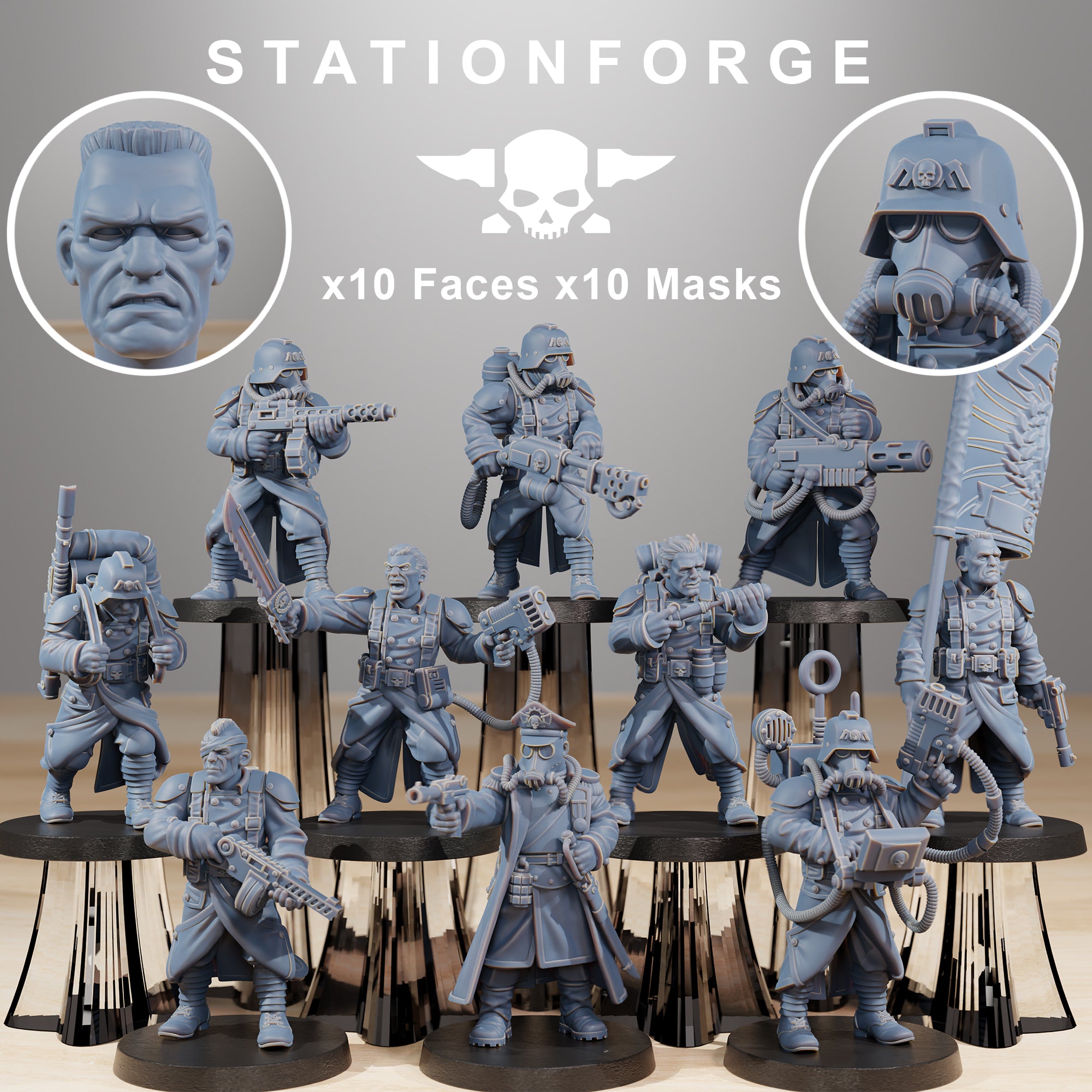 Grimguard Combatants modular sci-fi infantry squad by Station Forge with rifles, masks, bare heads, banners, and grim military gear.