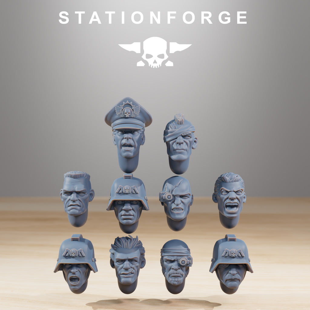 Grimguard Combatants alternate head options by Station Forge featuring bare heads, officer caps, helmets, goggles, and gas masks.