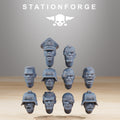 Grimguard Combatants alternate head options by Station Forge featuring bare heads, officer caps, helmets, goggles, and gas masks.
