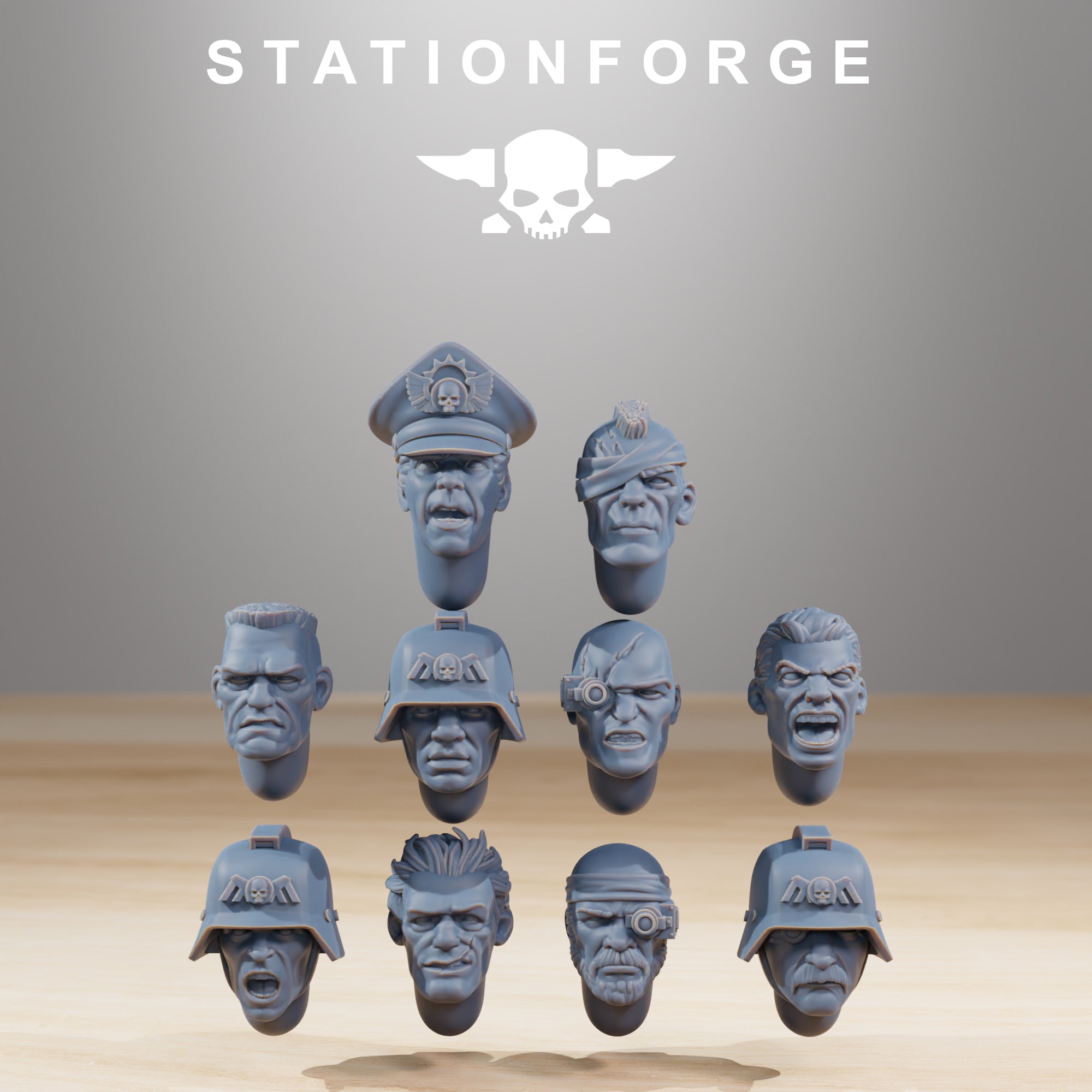 Grimguard Combatants alternate head options by Station Forge featuring bare heads, officer caps, helmets, goggles, and gas masks.