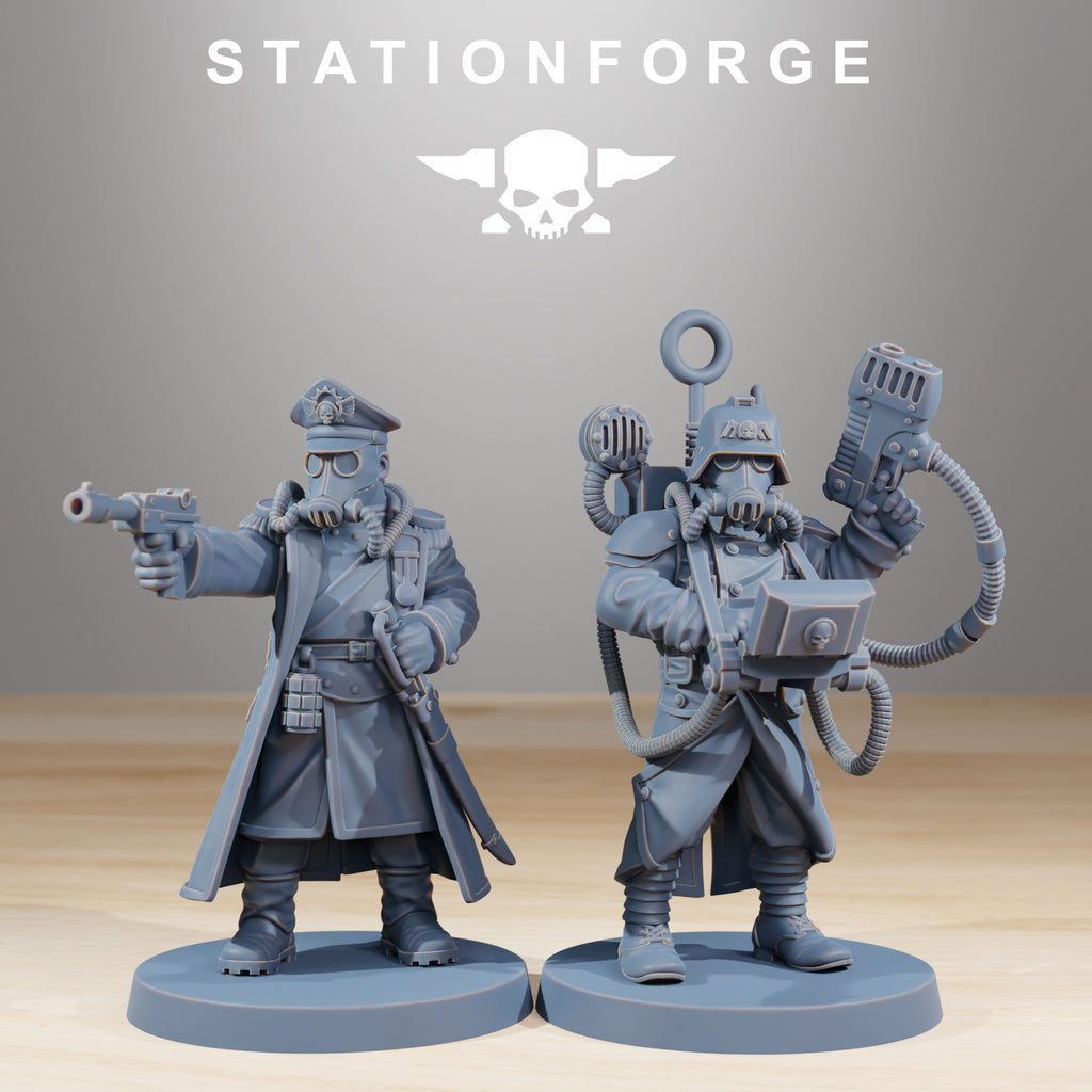 Two Grimguard Combatants sci-fi infantry miniatures by Station Forge with long coats, rifles, masks, and battlefield gear.