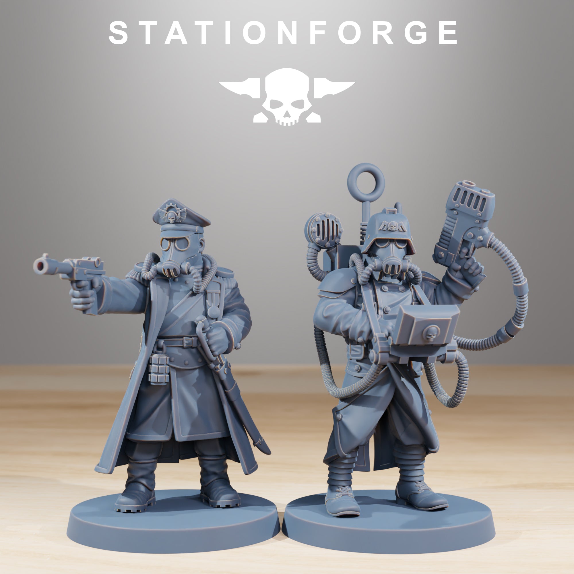 Two Grimguard Combatants sci-fi infantry miniatures by Station Forge with long coats, rifles, masks, and battlefield gear.