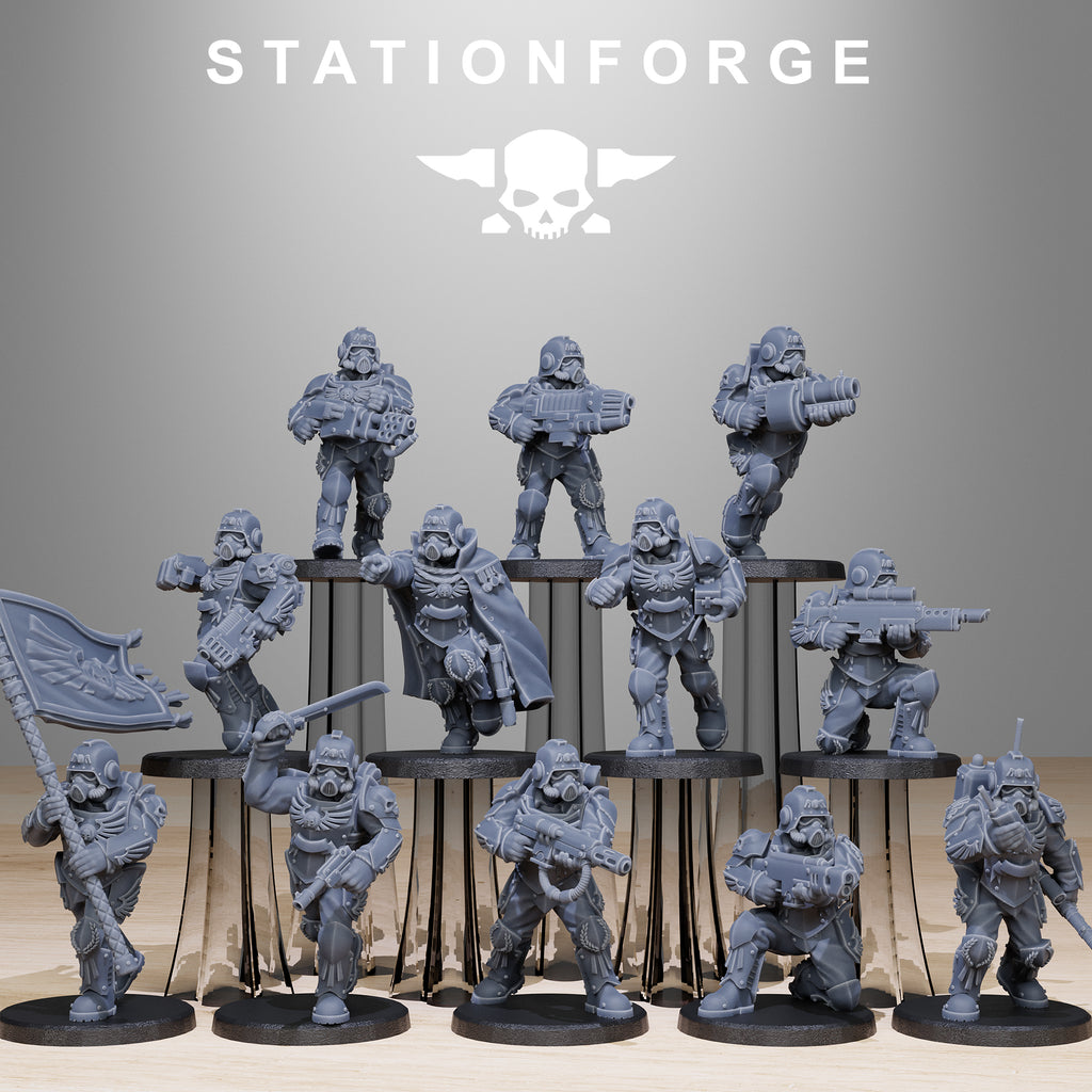 Full Grimguard Elites squad by Station Forge with heavy armor, gas-mask helmets, rifles, banner, melee weapons, and grimdark sci-fi infantry poses.