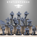 Full Grimguard Elites squad by Station Forge with heavy armor, gas-mask helmets, rifles, banner, melee weapons, and grimdark sci-fi infantry poses.